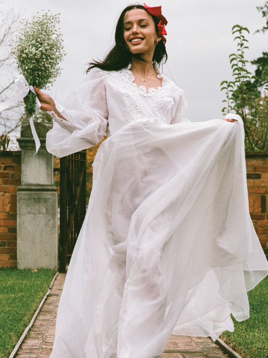 70s lace wedding dress 70s Lace Detail Lantern Sleeve dress – Fruitful Bridal