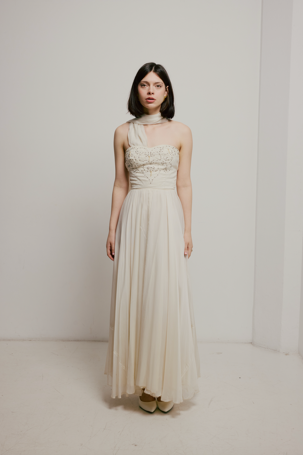 50s Beaded Silk Chiffon Strapless Dress with Neck Scarf – Fruitful Bridal