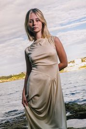 1970s Cowl Neck Champagne Dress