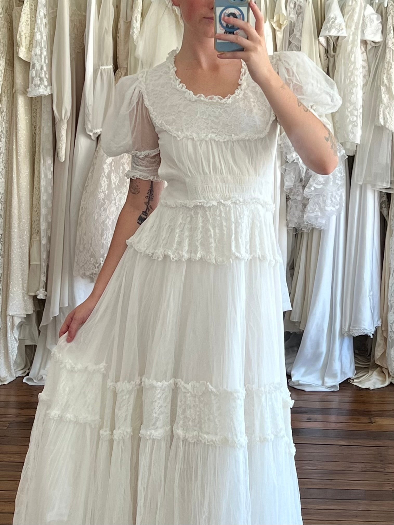 40s Lace and Net Puff Sleeve Dress