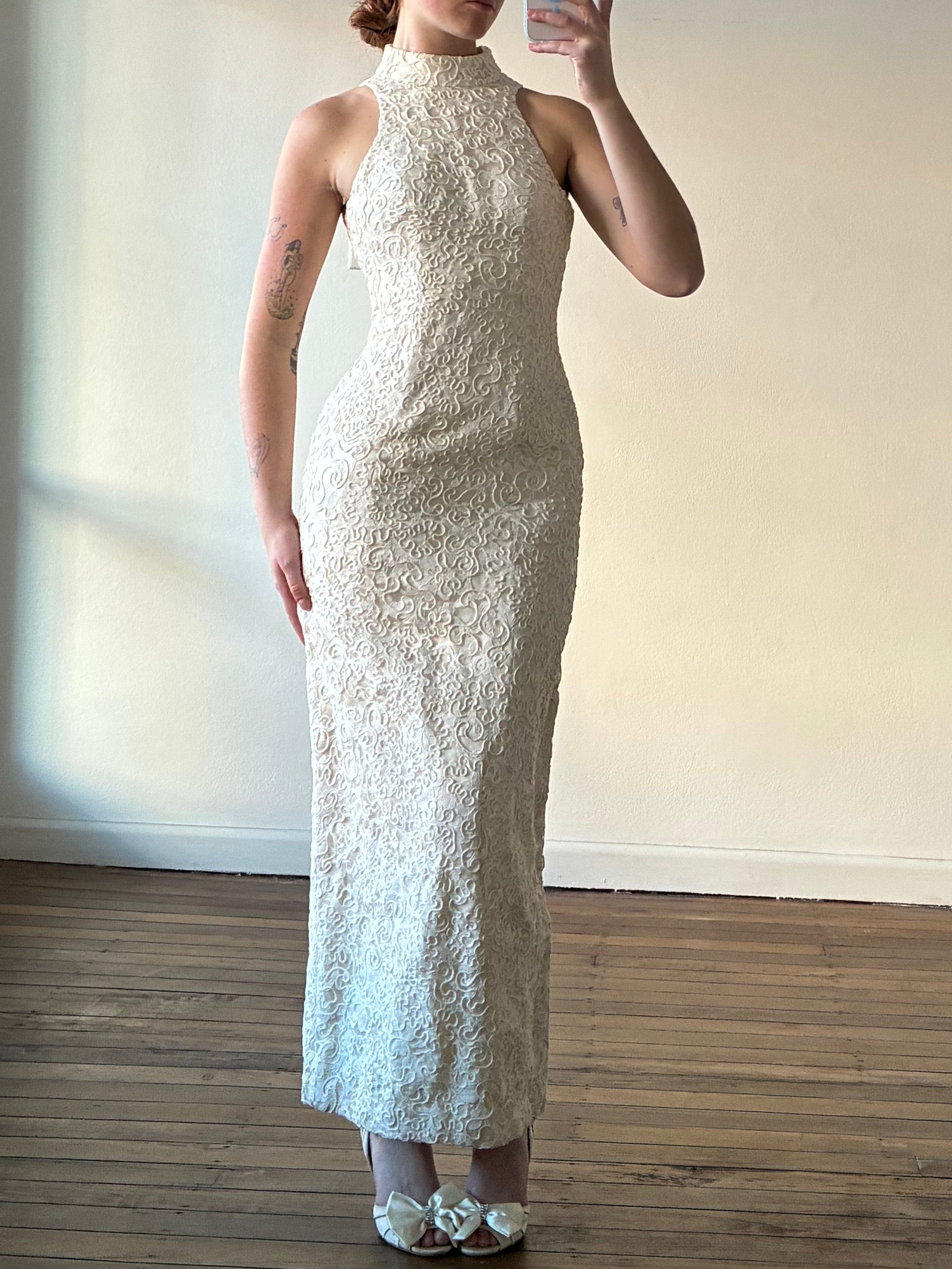 1992 Corded Lace Halter Column Dress