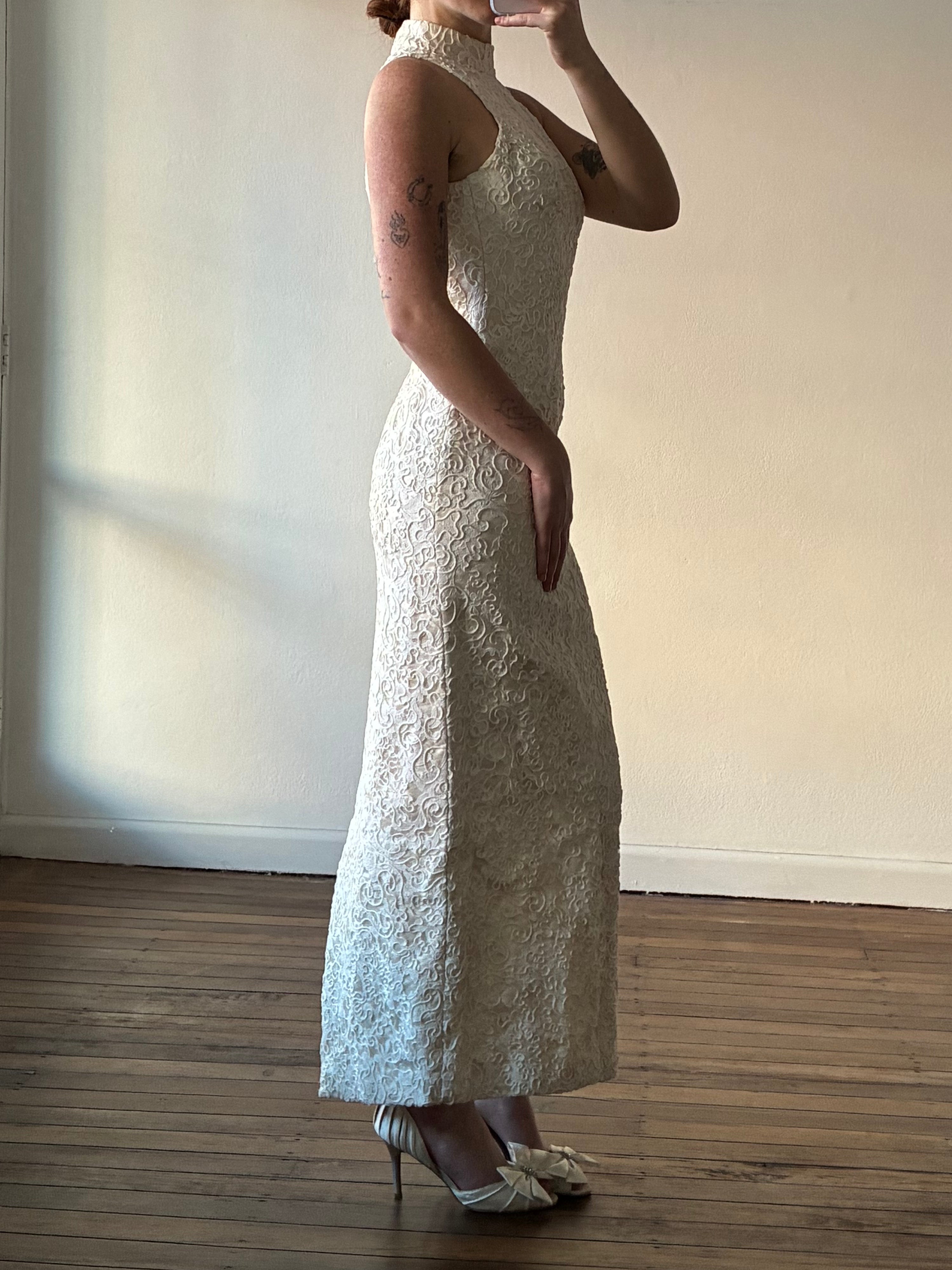 1992 Corded Lace Halter Column Dress