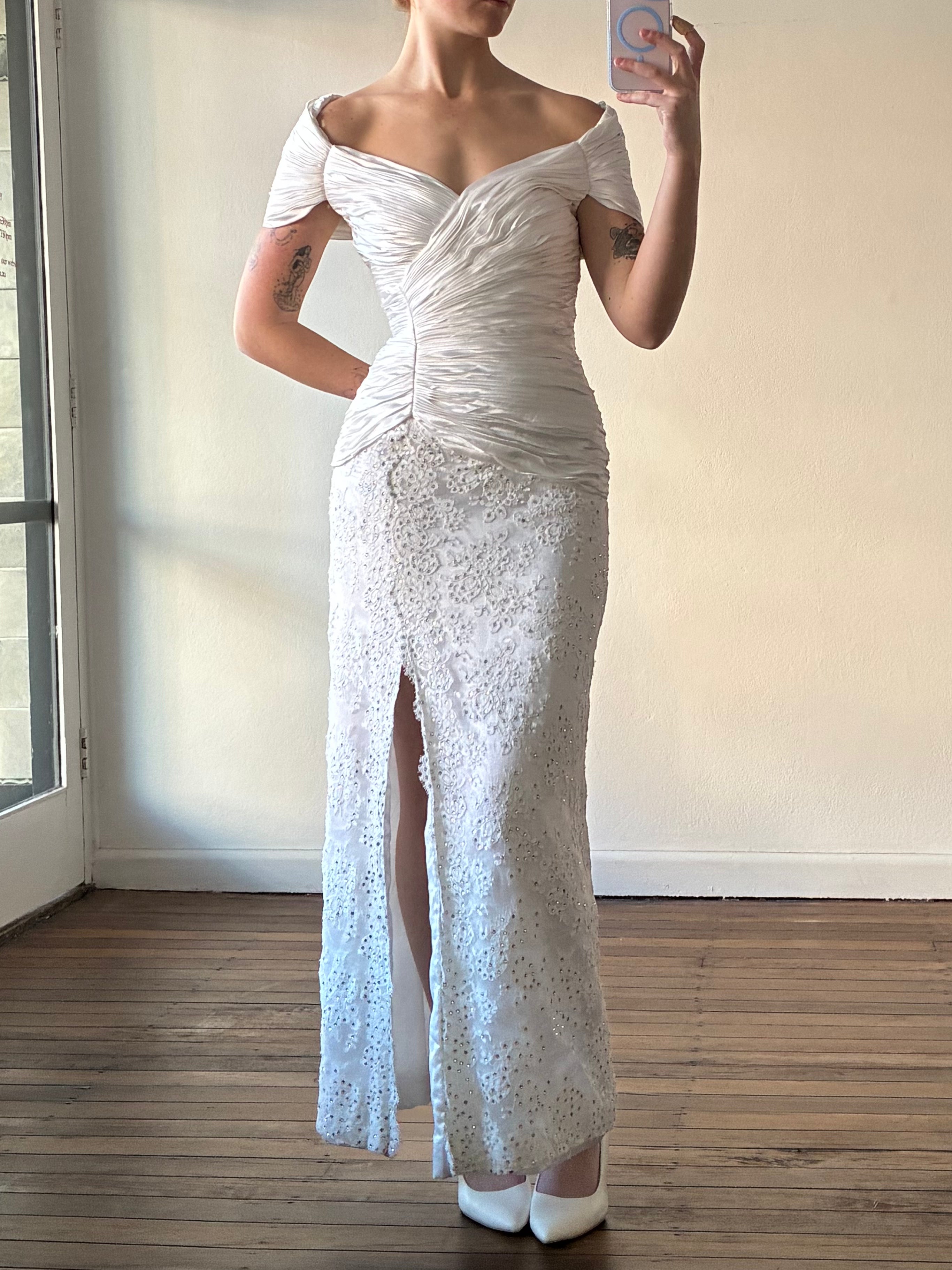 90s Off-the-shoulder Pleated Satin Column Dress