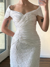 90s Off-the-shoulder Pleated Satin Column Dress
