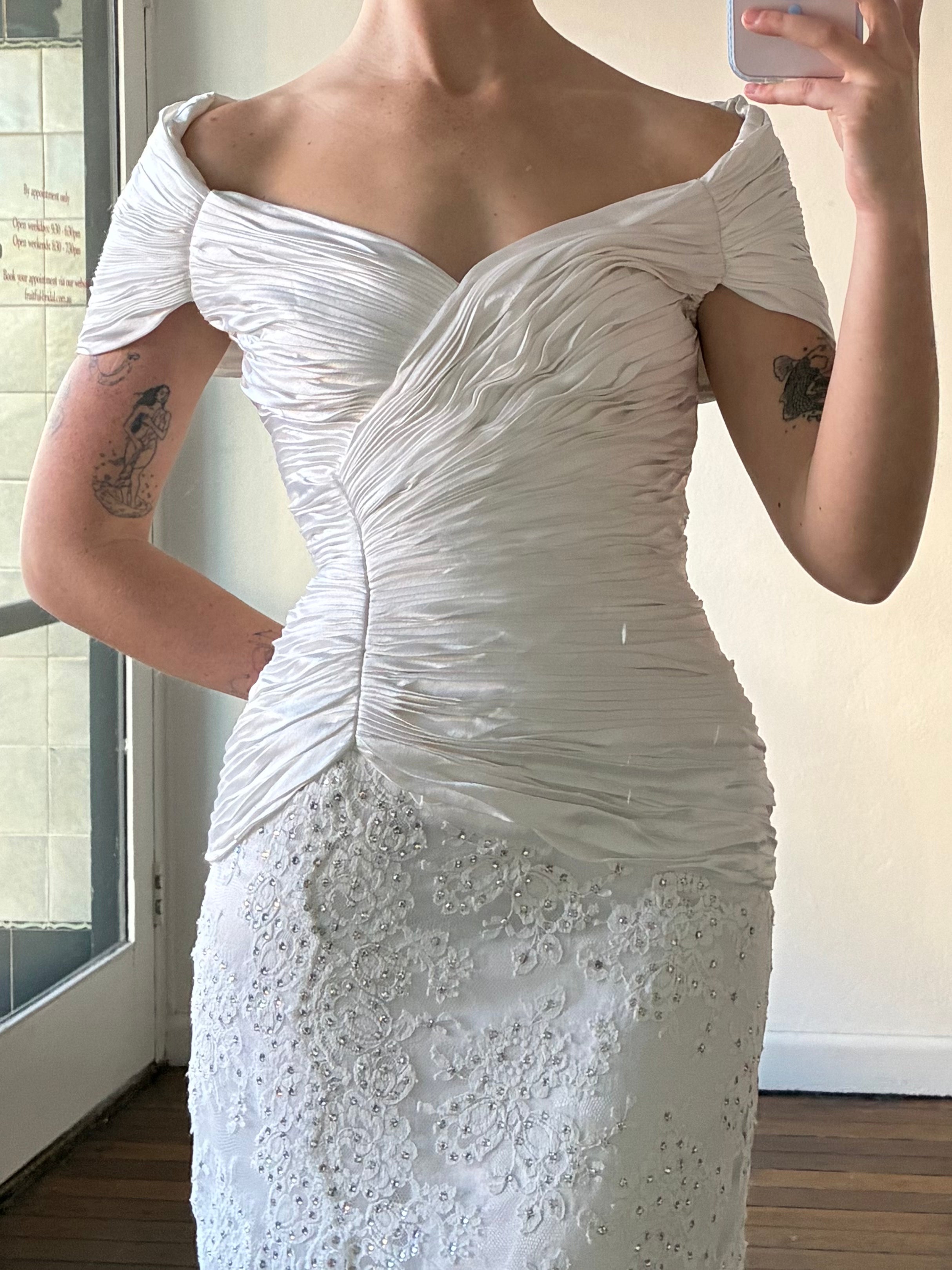 90s Off-the-shoulder Pleated Satin Column Dress