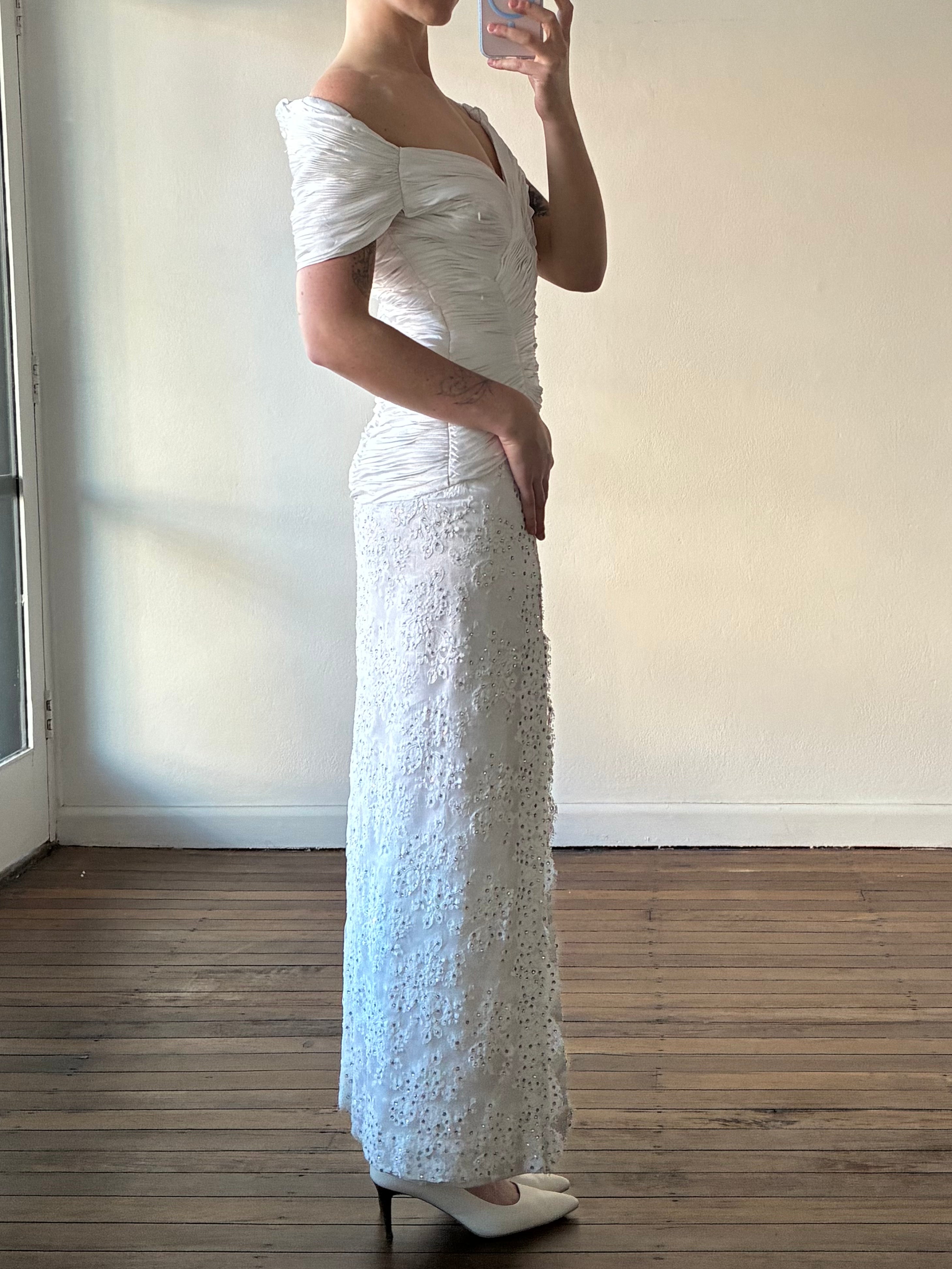 90s Off-the-shoulder Pleated Satin Column Dress