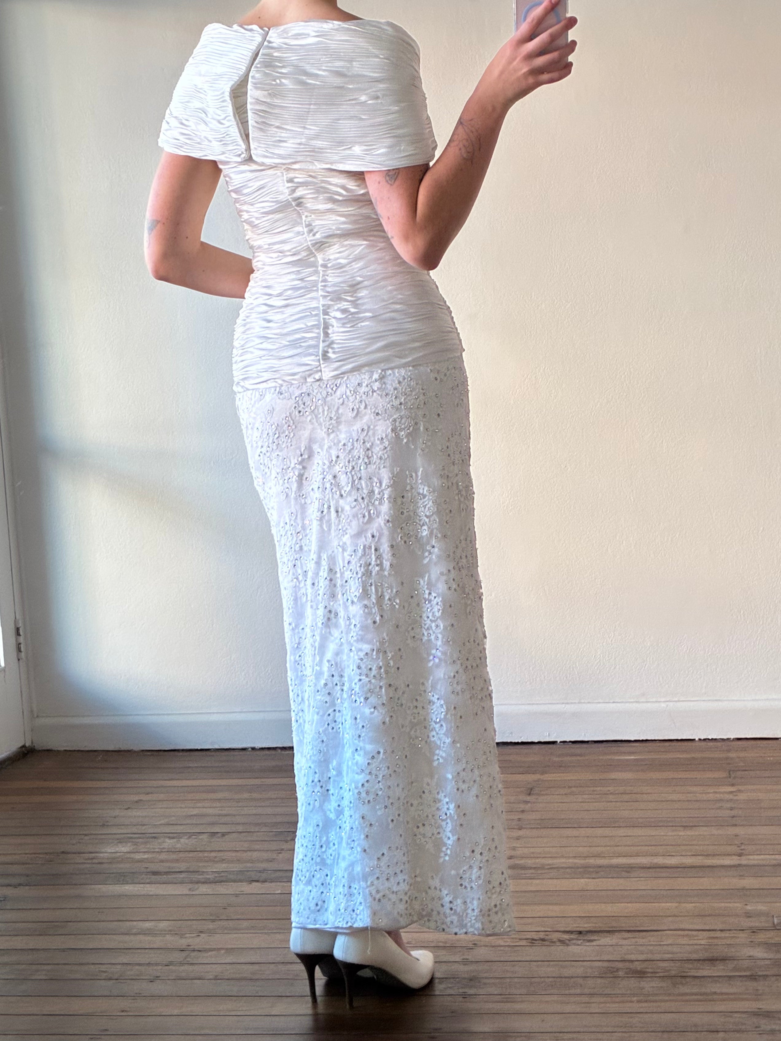90s Off-the-shoulder Pleated Satin Column Dress