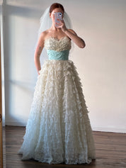 50s Tiered Ruffle Lace Aqua Waist Dress