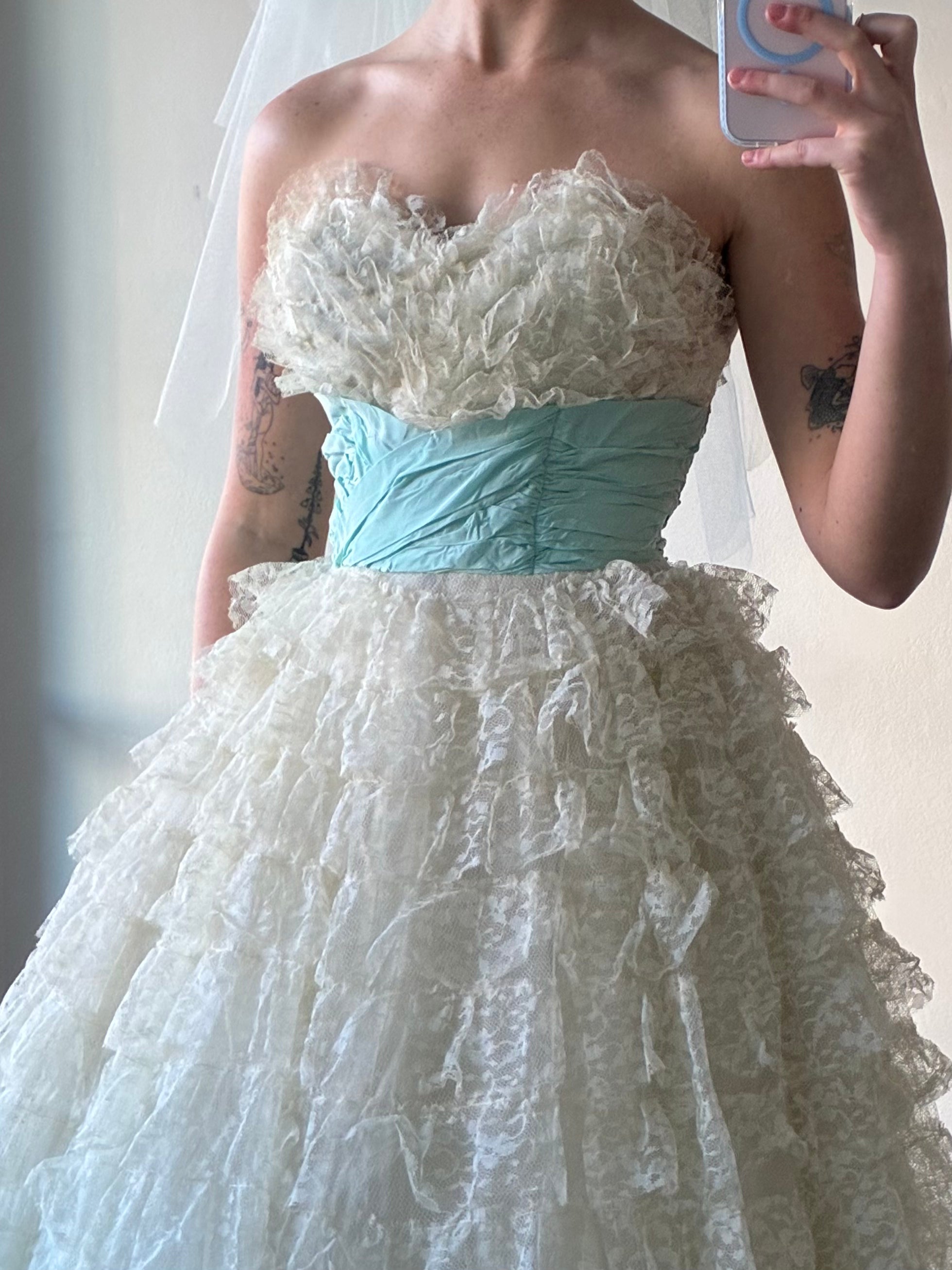 50s Tiered Ruffle Lace Aqua Waist Dress