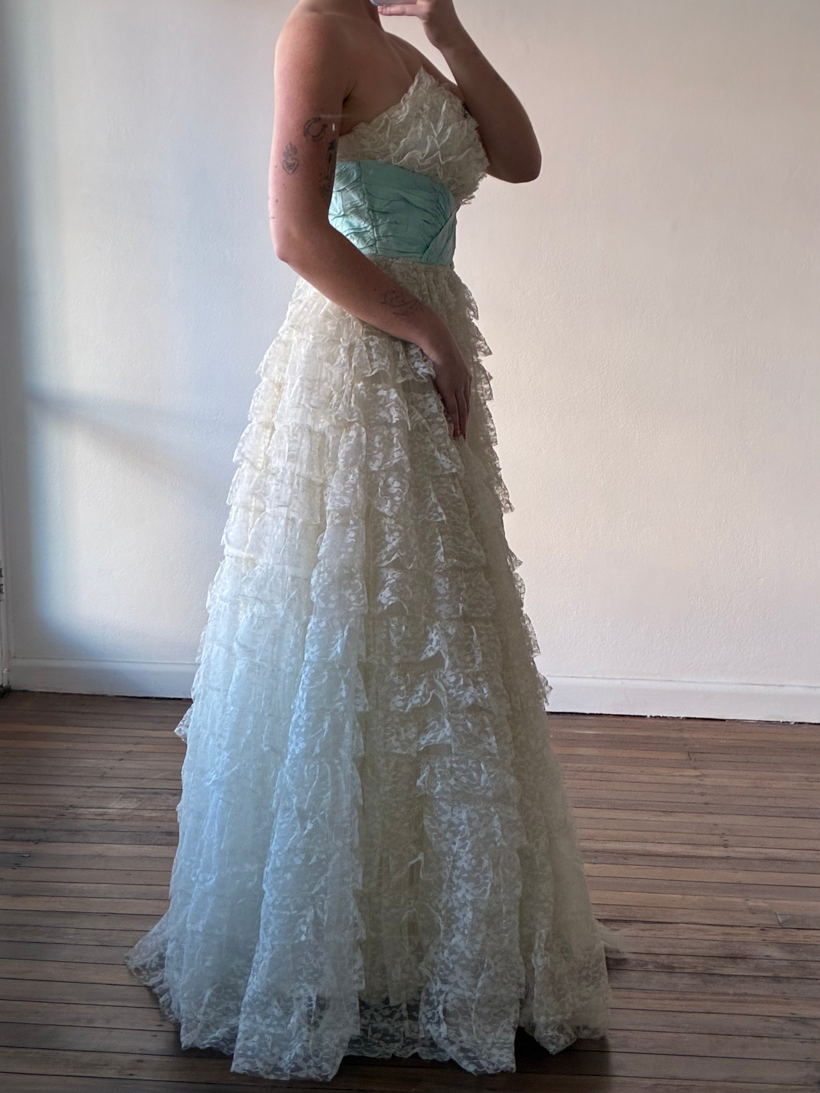 50s Tiered Ruffle Lace Aqua Waist Dress