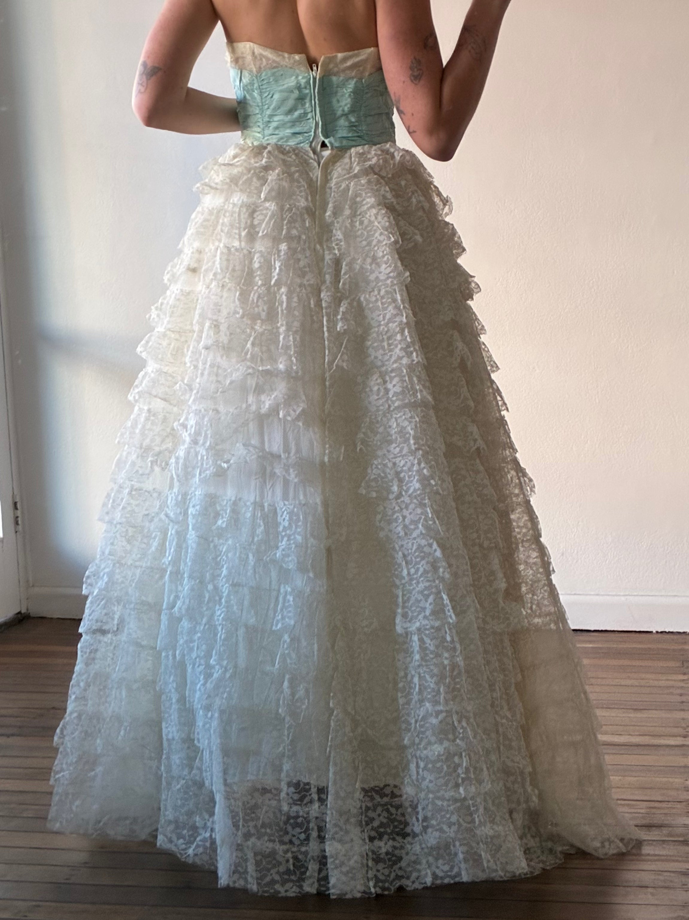 50s Tiered Ruffle Lace Aqua Waist Dress