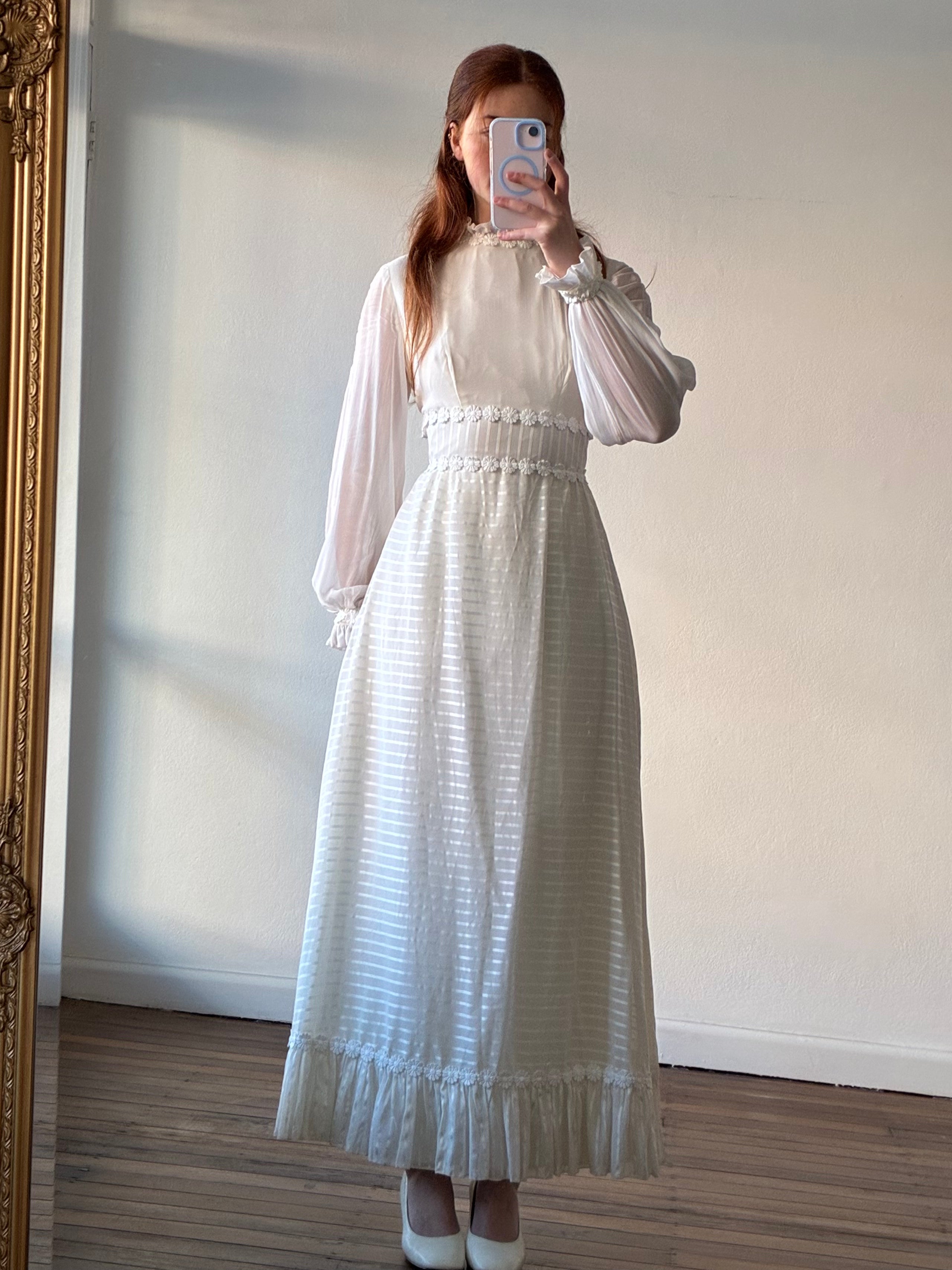 70s High Neckline Daisy Lace Striped Skirt Dress