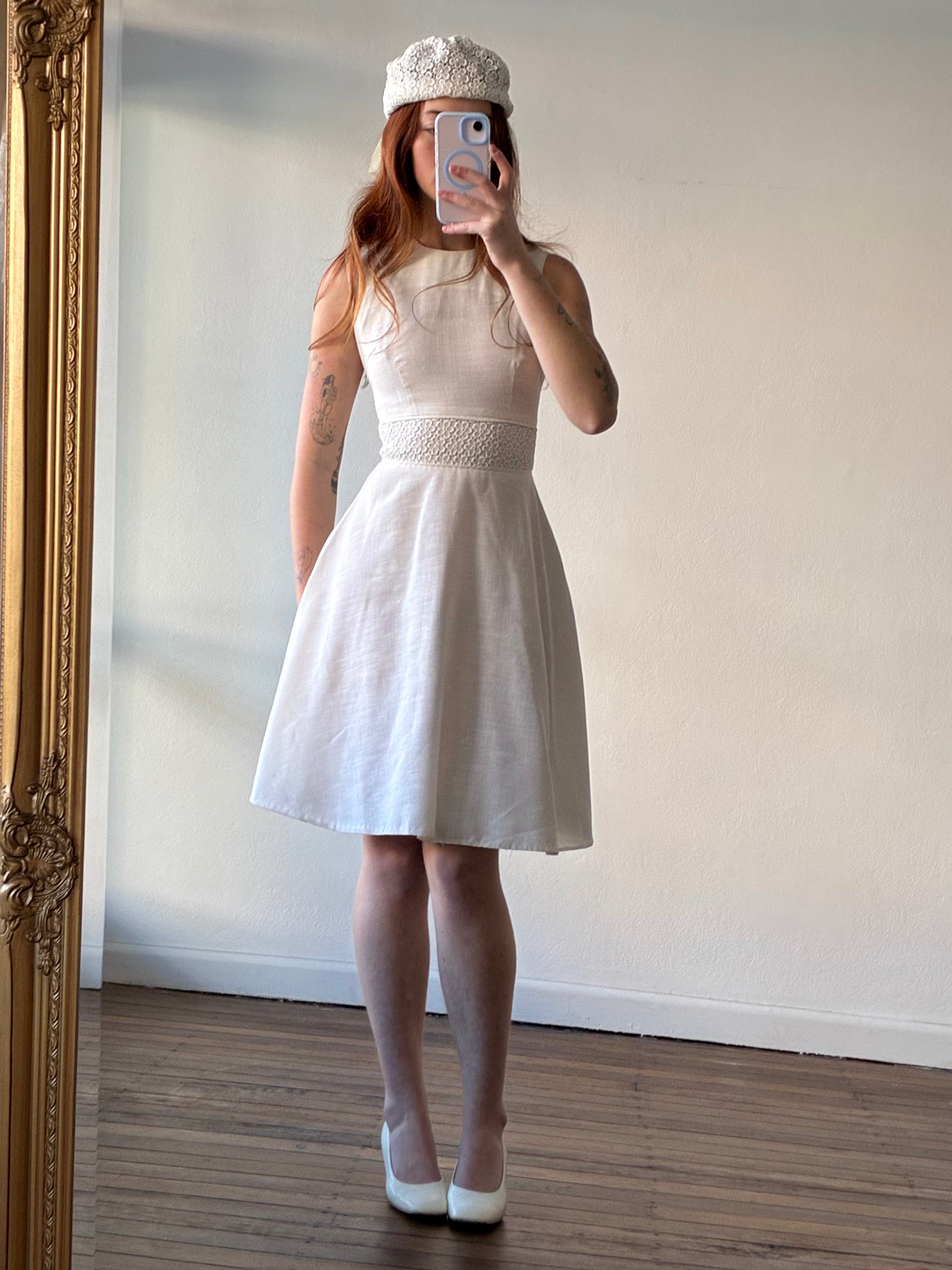 60s Linen Venetian Lace Waist A-line Mini