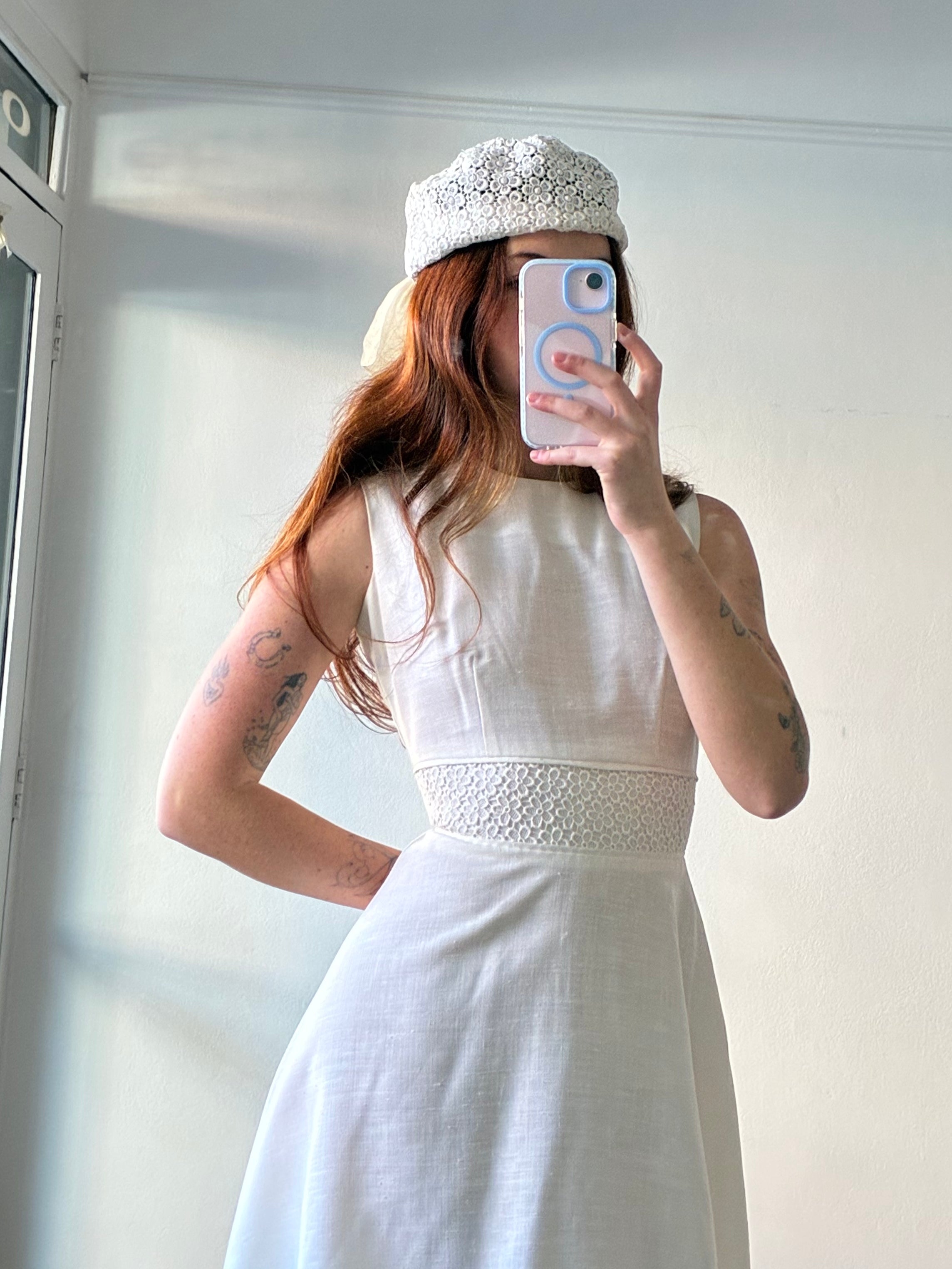 60s Linen Venetian Lace Waist A-line Mini
