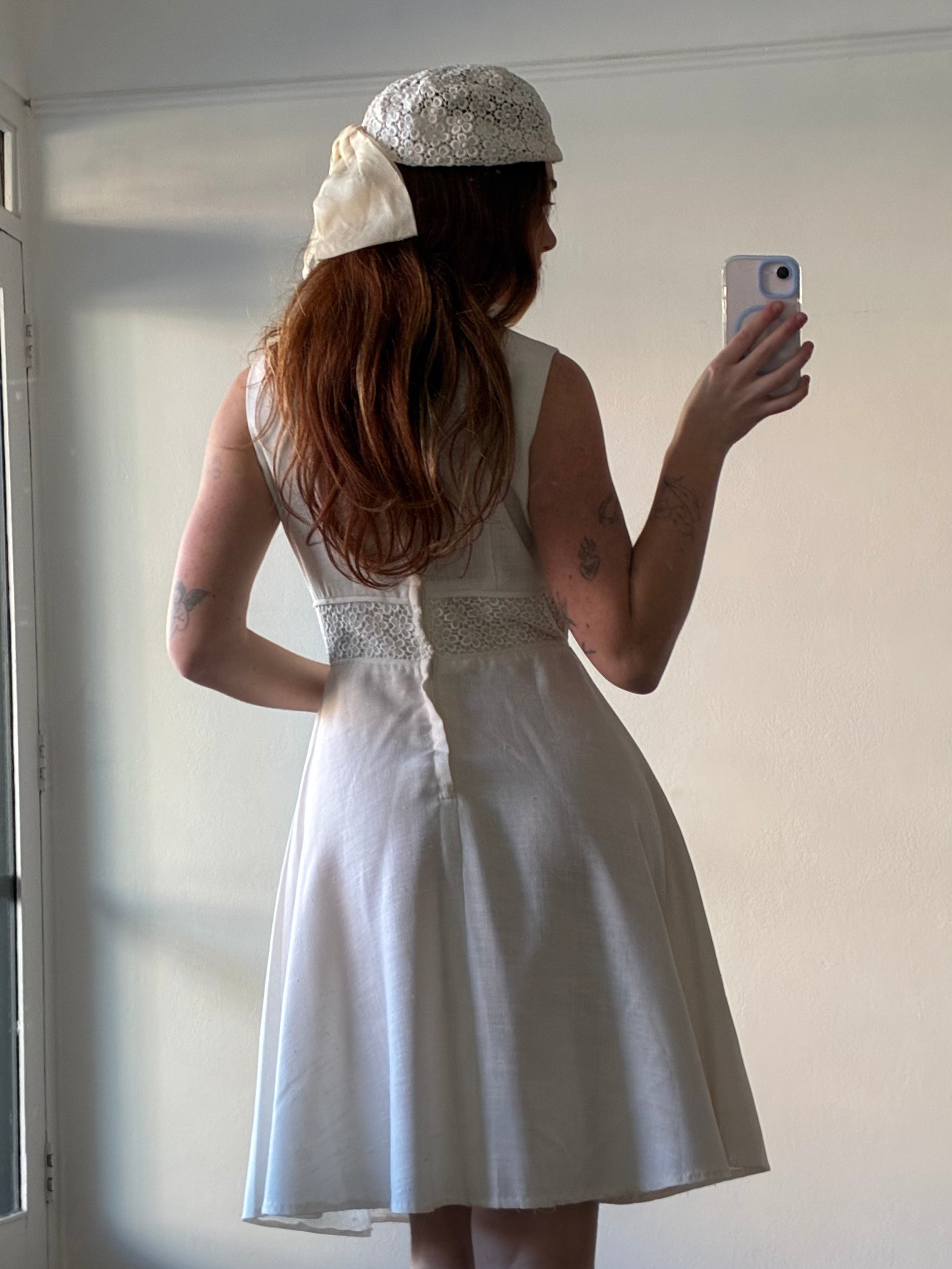 60s Linen Venetian Lace Waist A-line Mini
