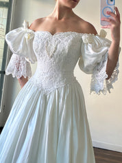 1995 Lace Drop Waist Puff Sleeve Dress