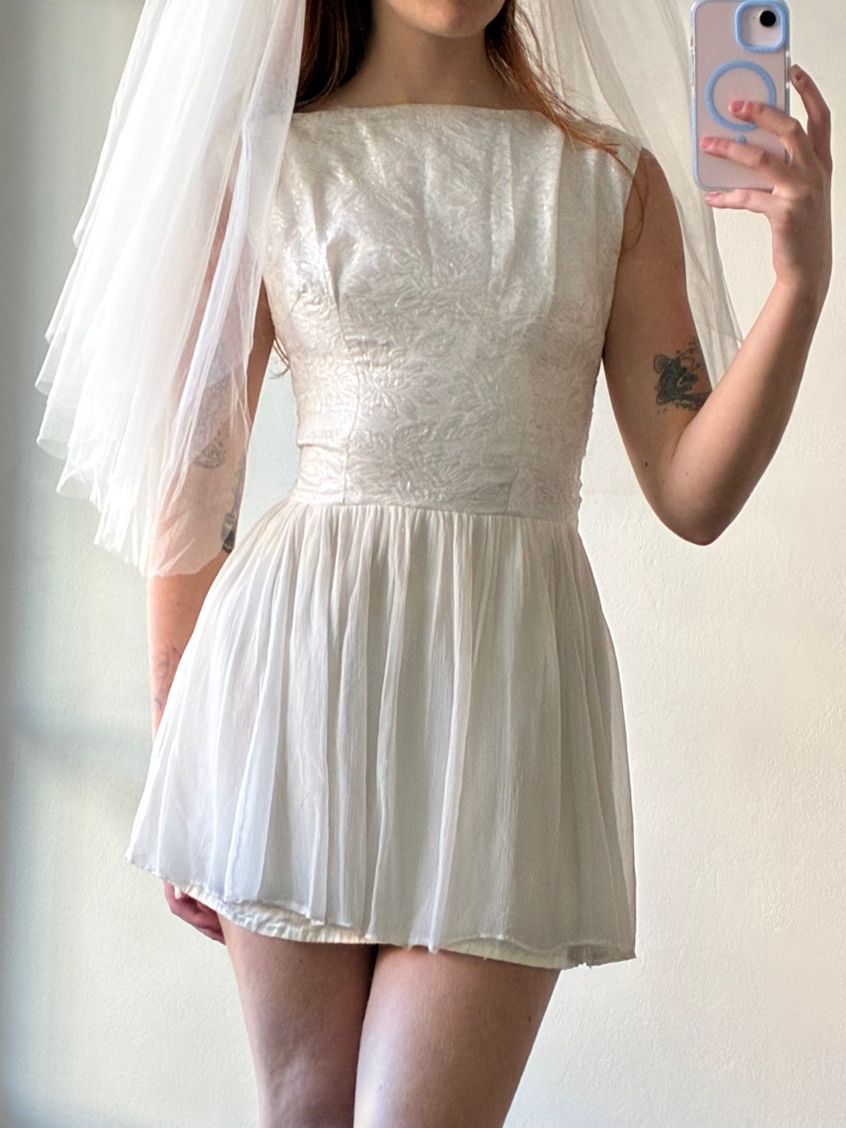 60s Bateau Holographic Embroidered Bodice Mini