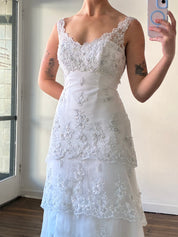 90s Tiered Embroidered Lace Fit and Flare Dress