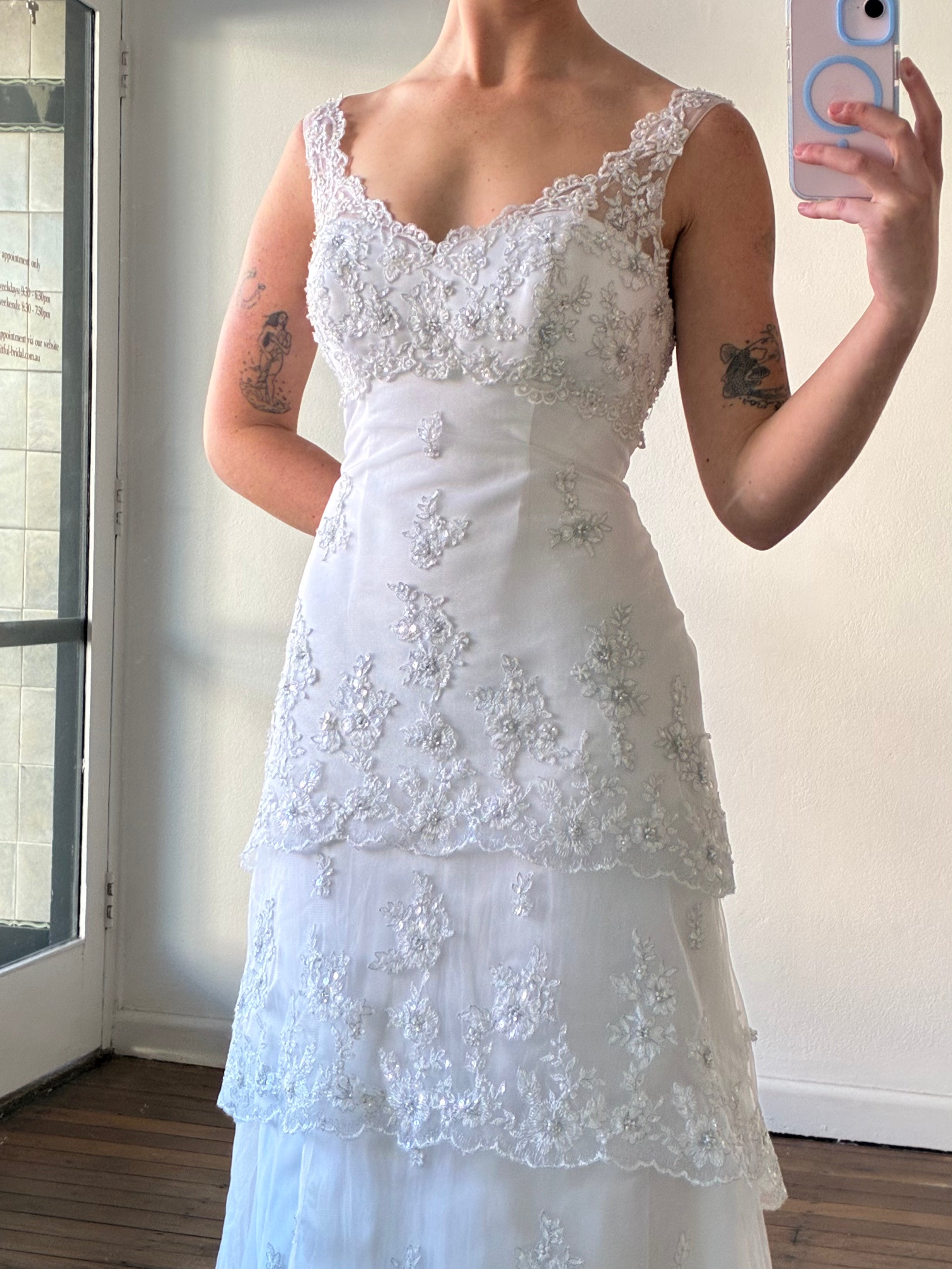 90s Tiered Embroidered Lace Fit and Flare Dress