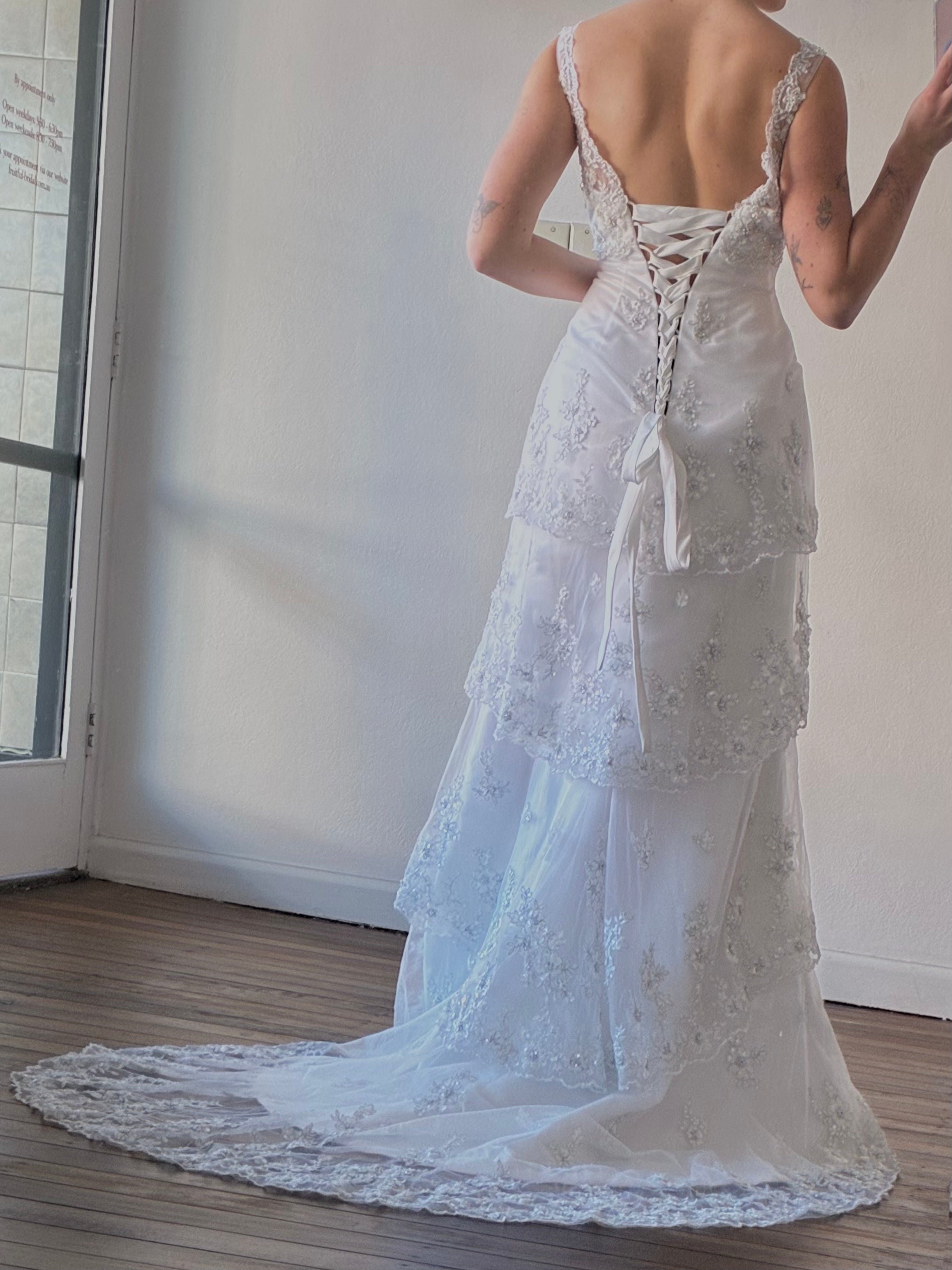 90s Tiered Embroidered Lace Fit and Flare Dress