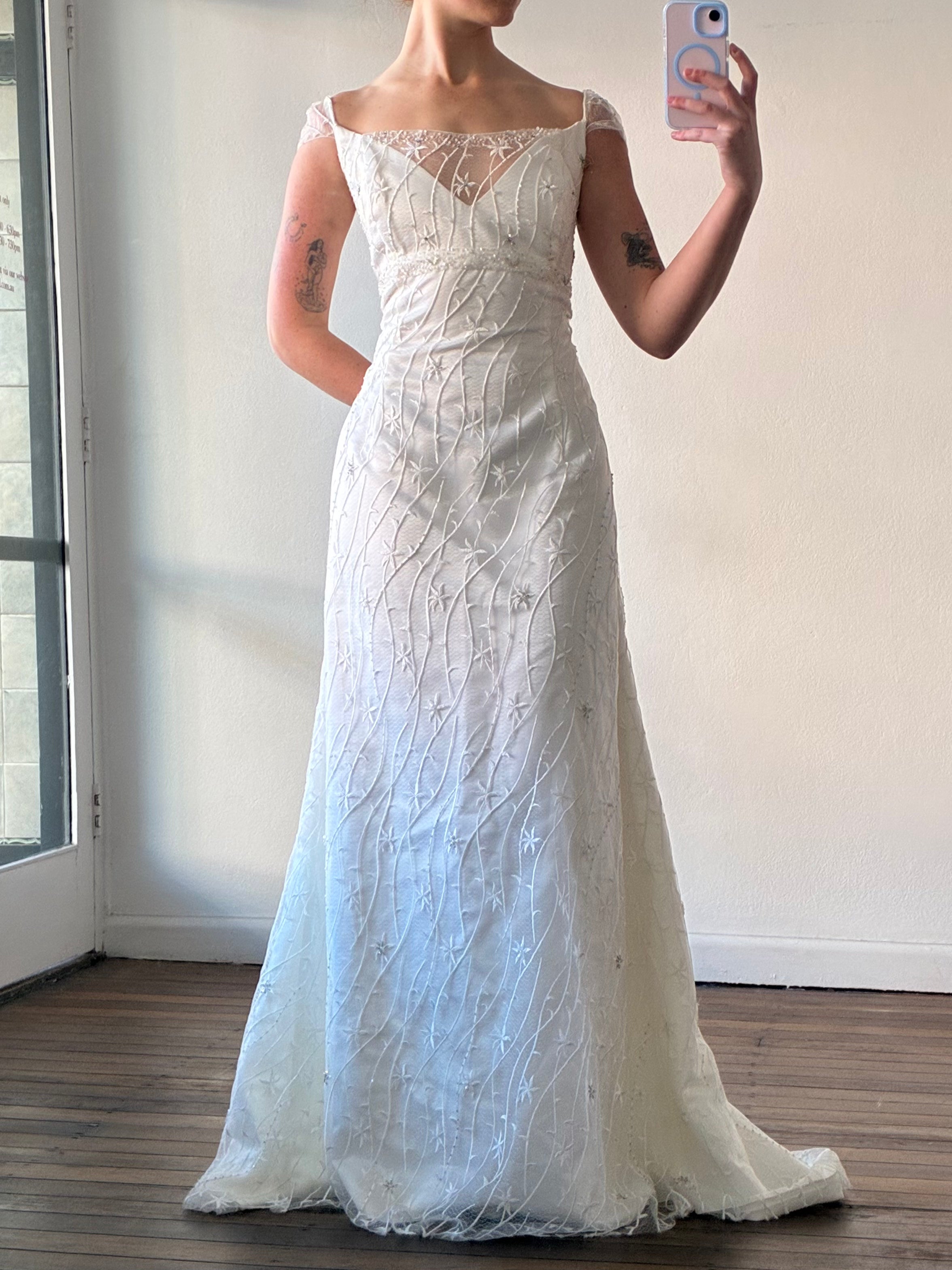 2000s Cap Sleeve Empire Embroidered Dress