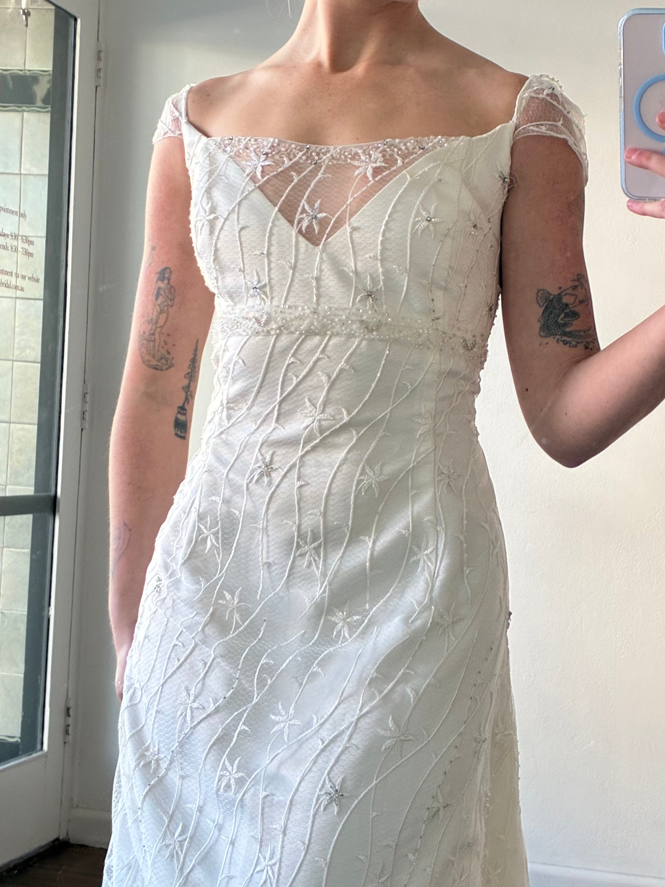 2000s Cap Sleeve Empire Embroidered Dress