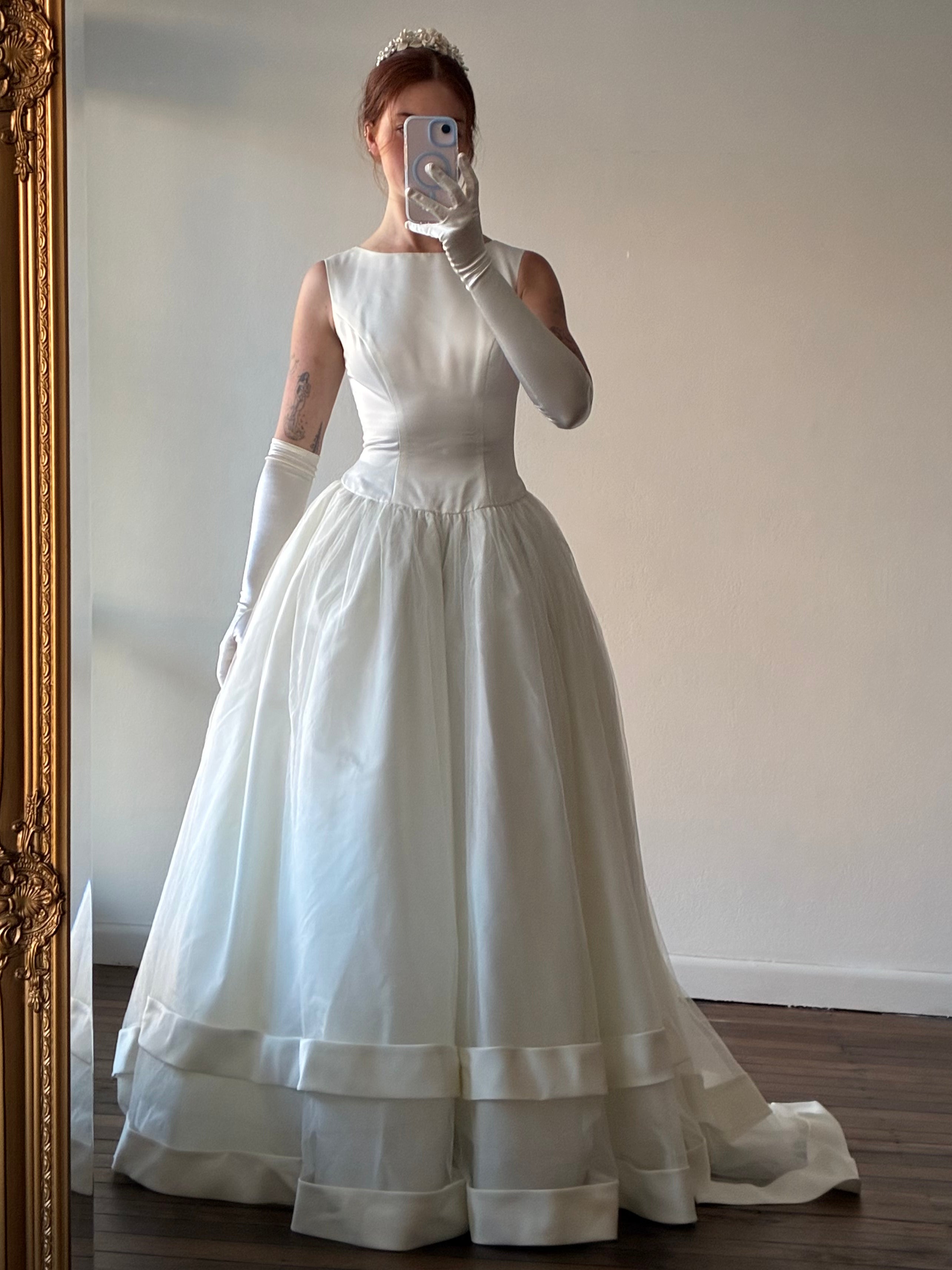 90s Vera Wang Inspired Bateau Drop Waist Ballgown