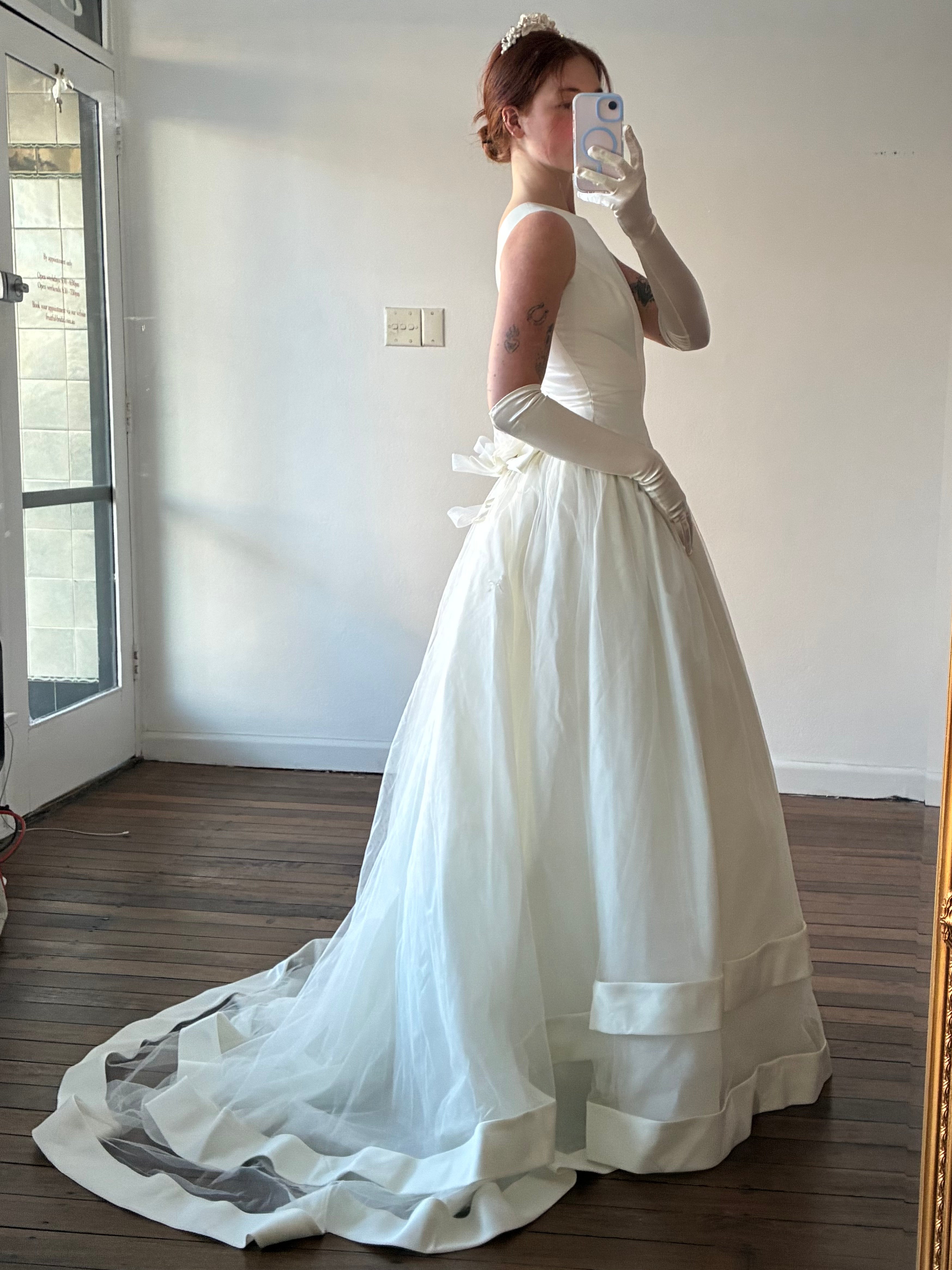 90s Vera Wang Inspired Bateau Drop Waist Ballgown