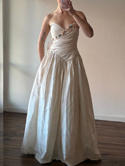 90s Raw Silk Pleated Bodice Rosette Detail Dress