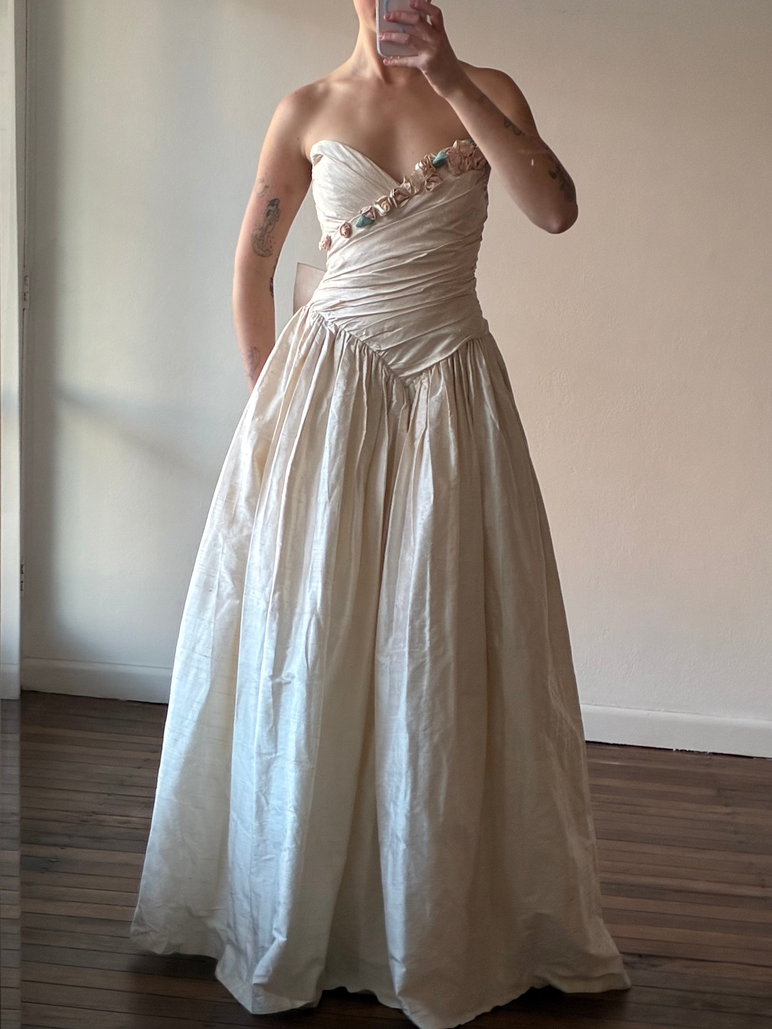 90s Raw Silk Pleated Bodice Rosette Detail Dress