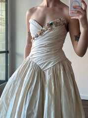 90s Raw Silk Pleated Bodice Rosette Detail Dress