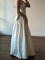 90s Raw Silk Pleated Bodice Rosette Detail Dress