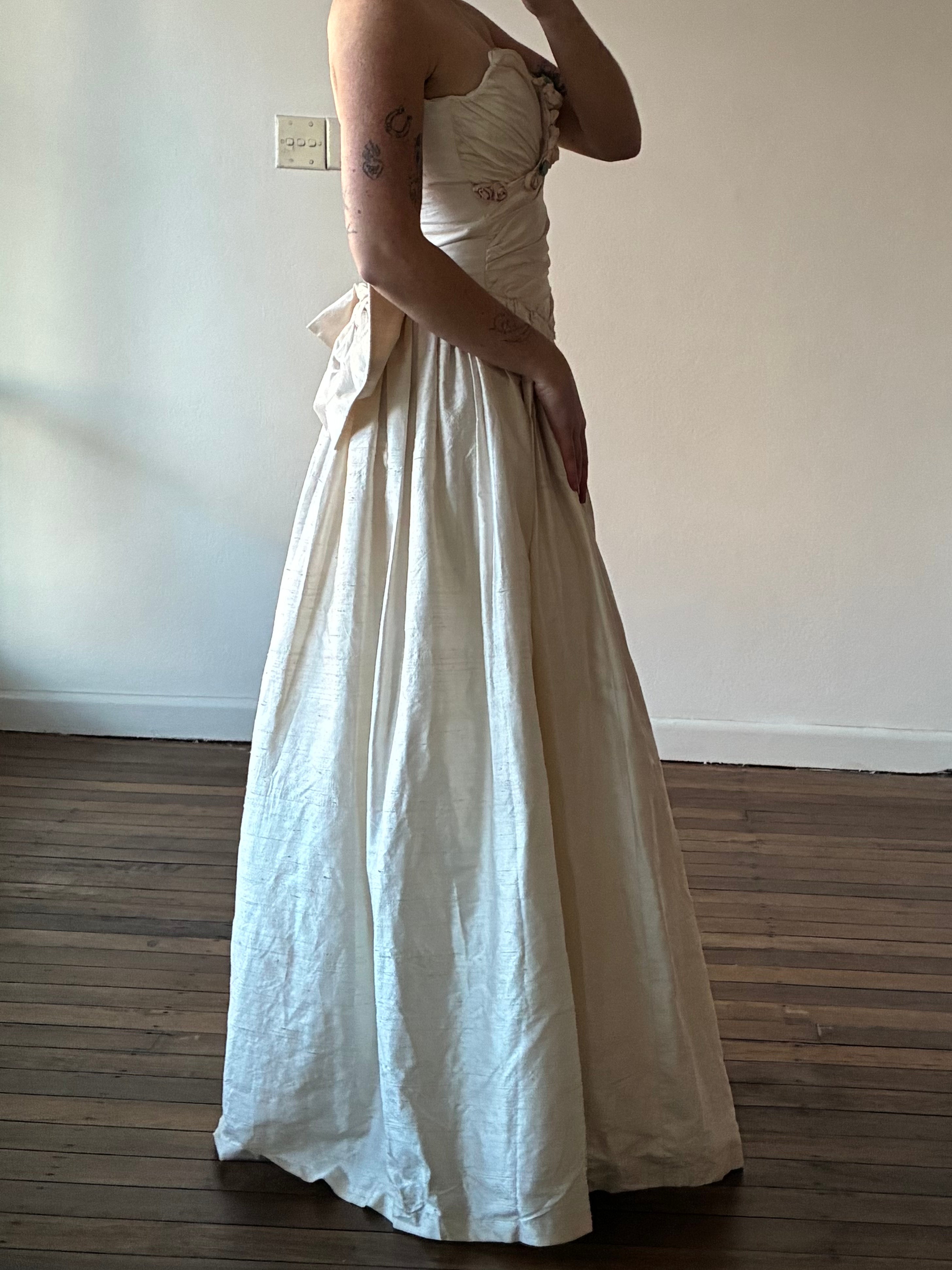 90s Raw Silk Pleated Bodice Rosette Detail Dress