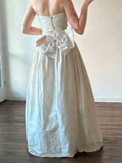 90s Raw Silk Pleated Bodice Rosette Detail Dress