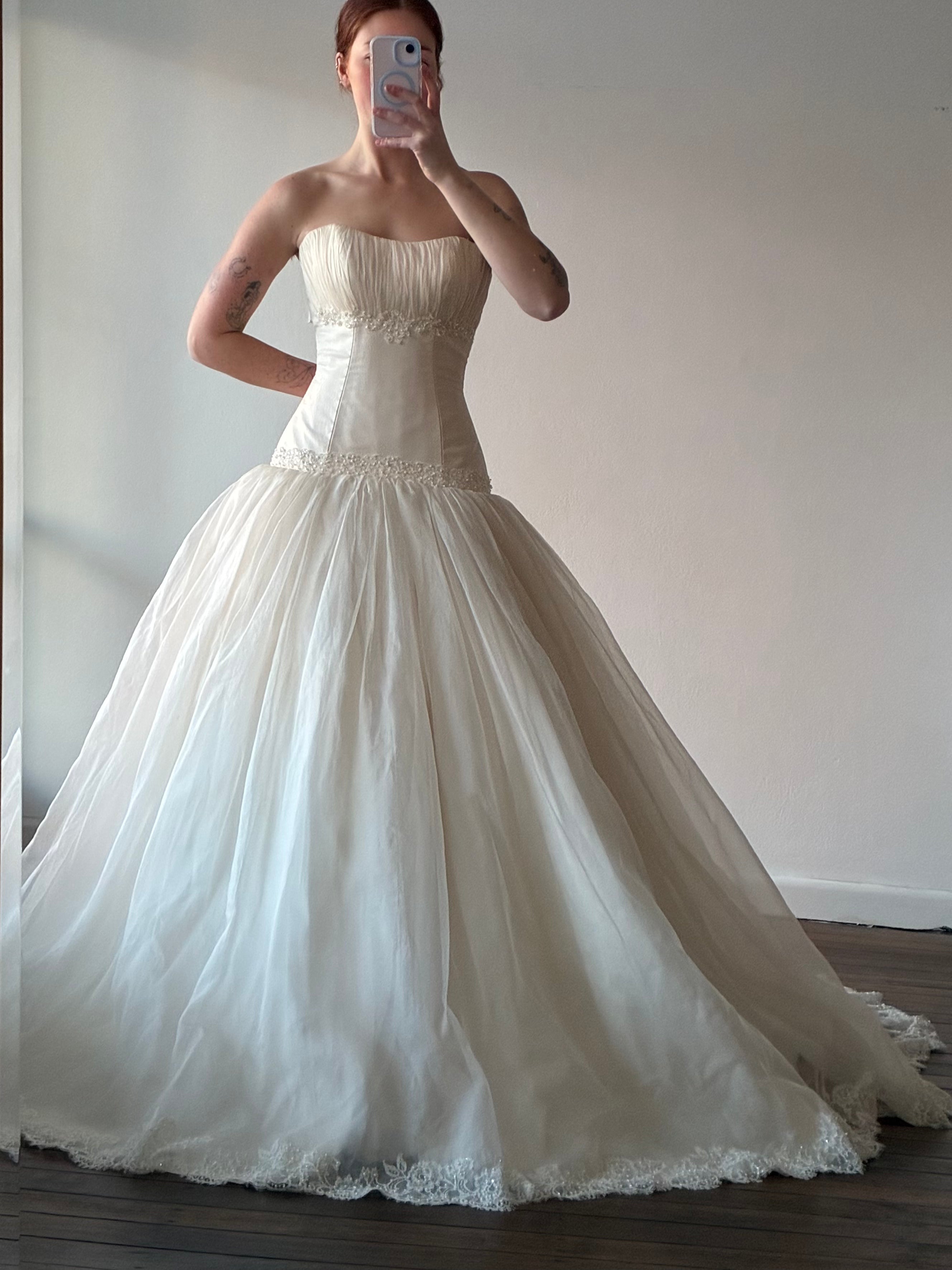 2000s Chantilly Lace Detail Organza Drop Waist Ballgown