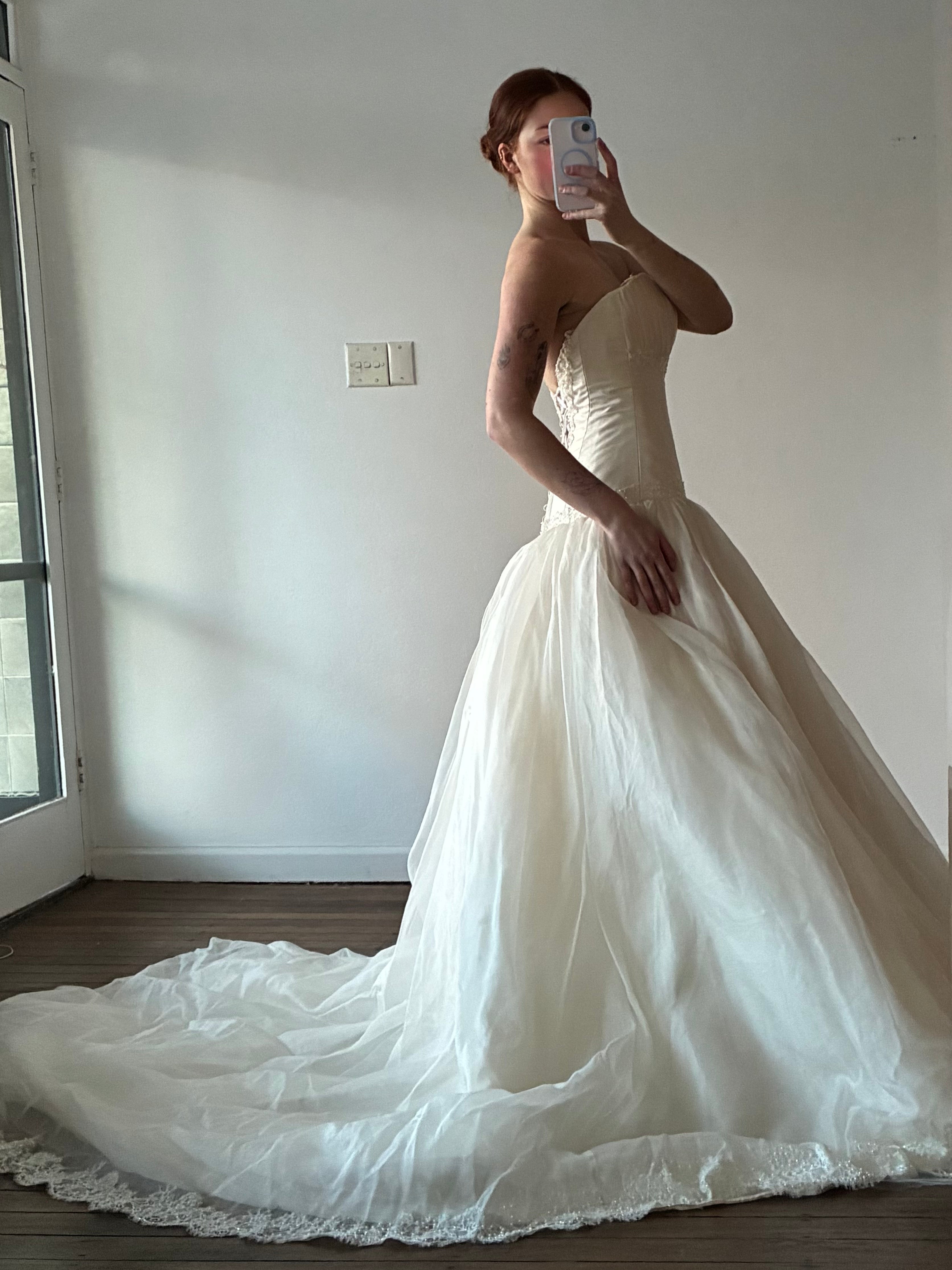 2000s Chantilly Lace Detail Organza Drop Waist Ballgown