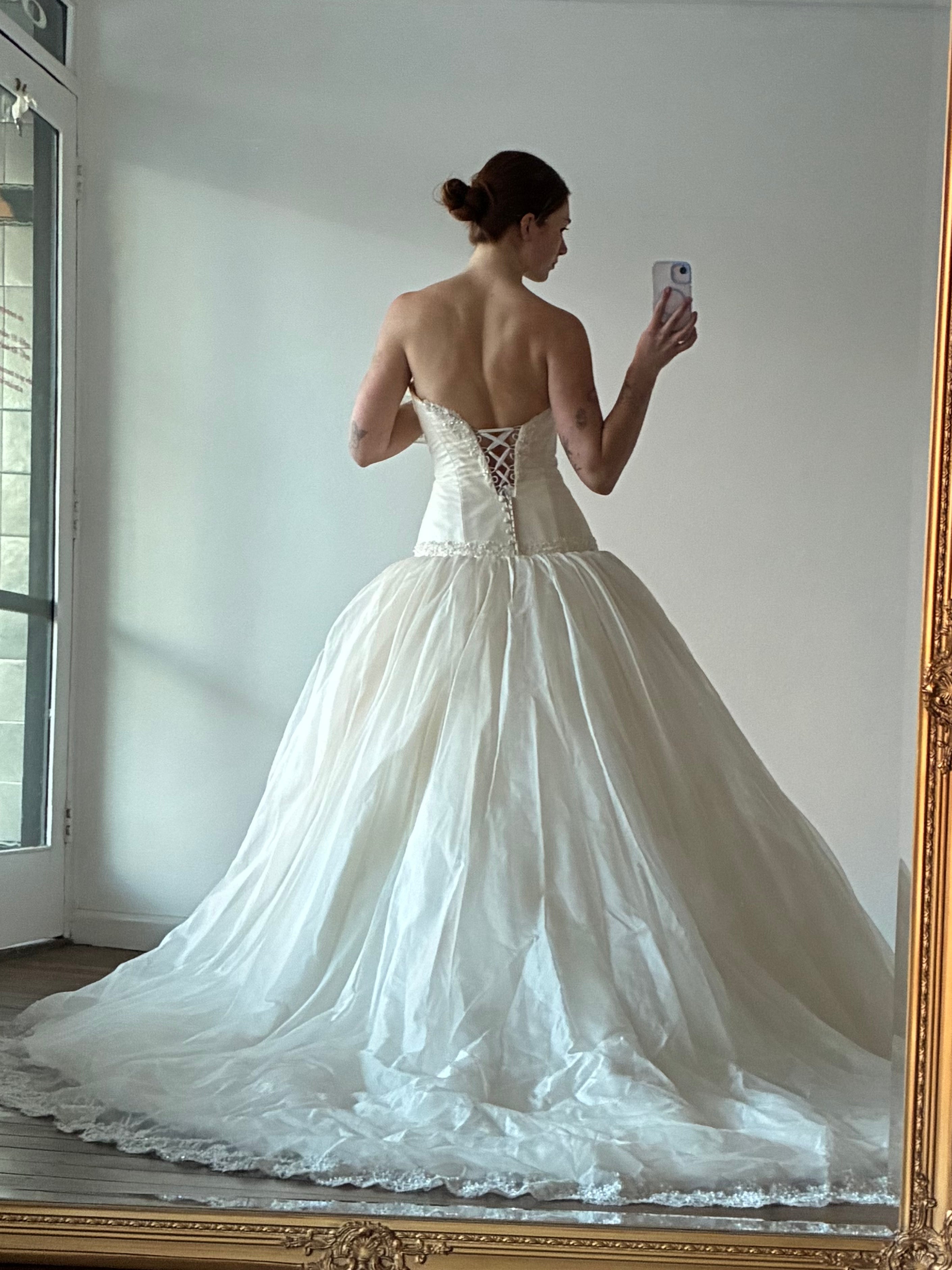2000s Chantilly Lace Detail Organza Drop Waist Ballgown