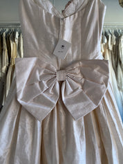 90s Raw Silk Pleated Bodice Rosette Detail Dress