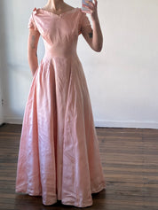 60s Peach Taffeta Pleated Sleeve A-line Dress