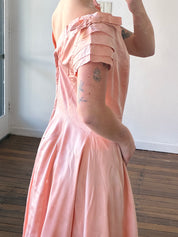 60s Peach Taffeta Pleated Sleeve A-line Dress