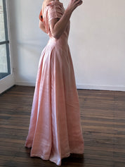 60s Peach Taffeta Pleated Sleeve A-line Dress
