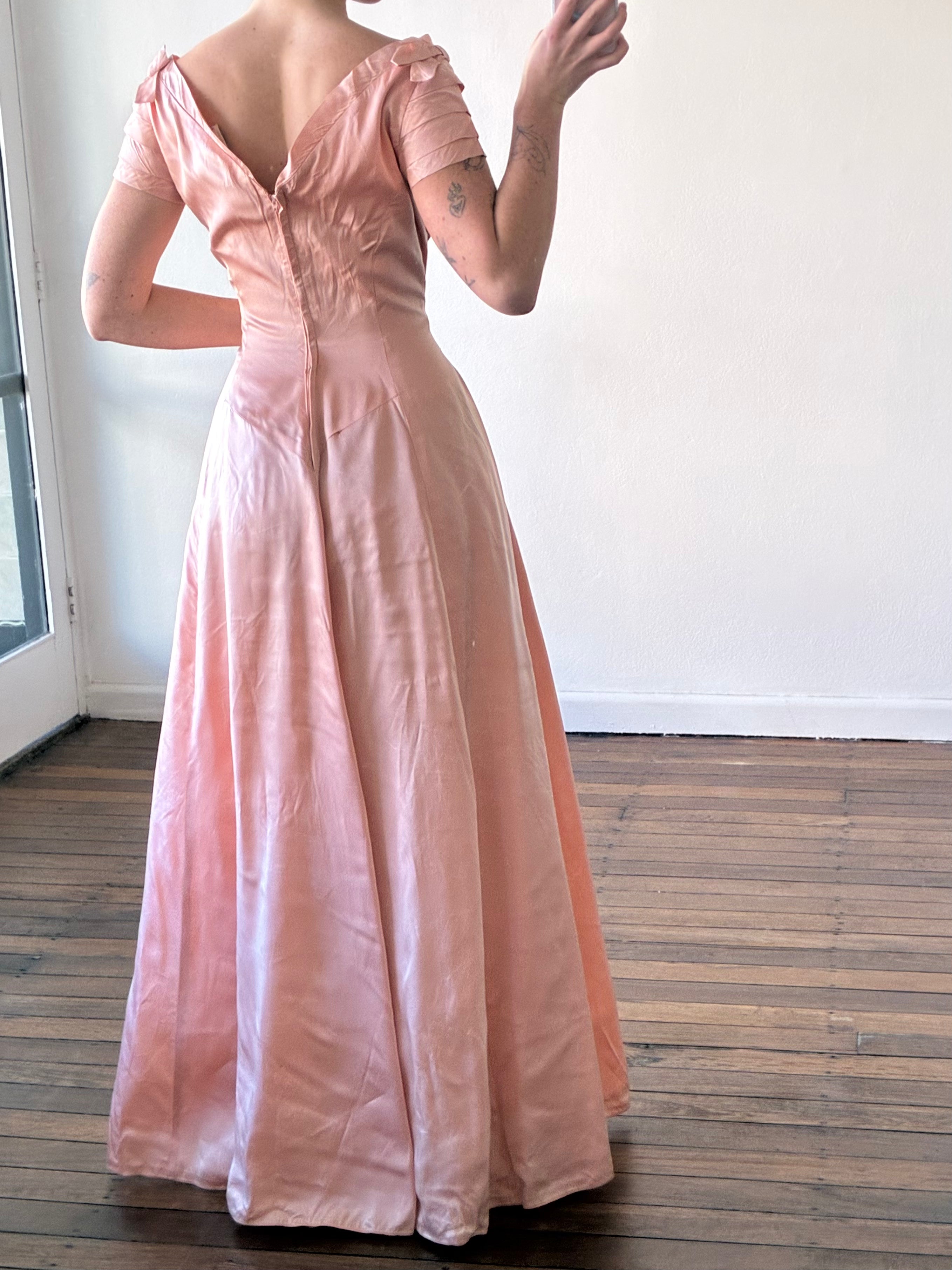 60s Peach Taffeta Pleated Sleeve A-line Dress