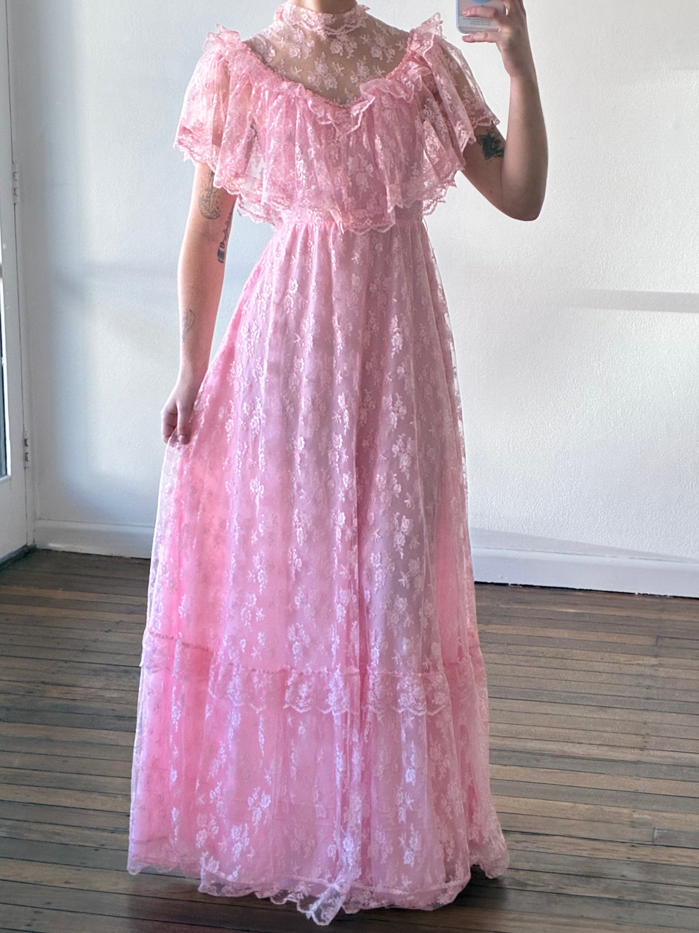 70s Pink Lace Frill Mock-neck Dress