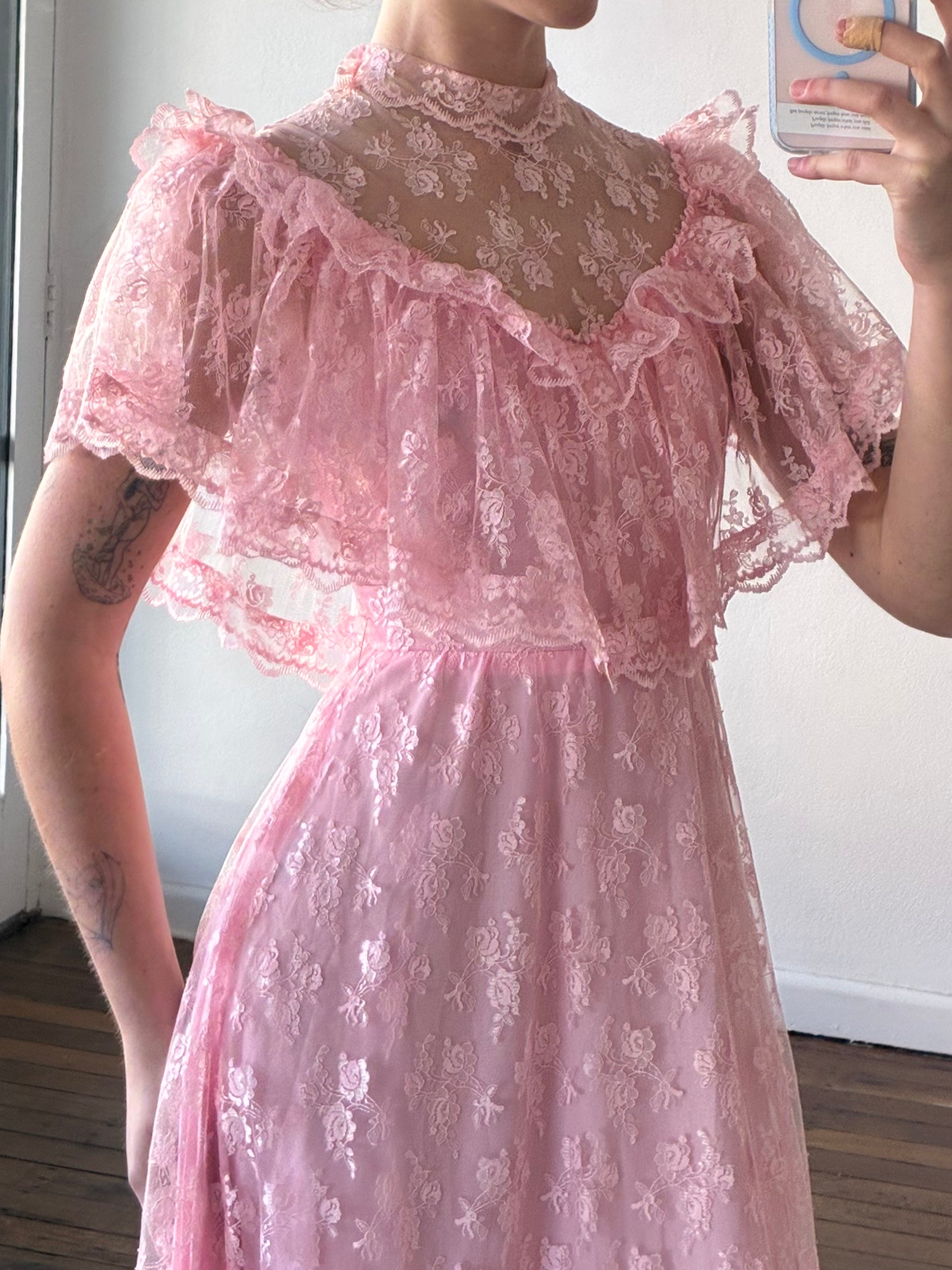 70s Pink Lace Frill Mock-neck Dress