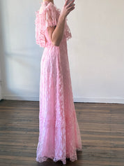 70s Pink Lace Frill Mock-neck Dress