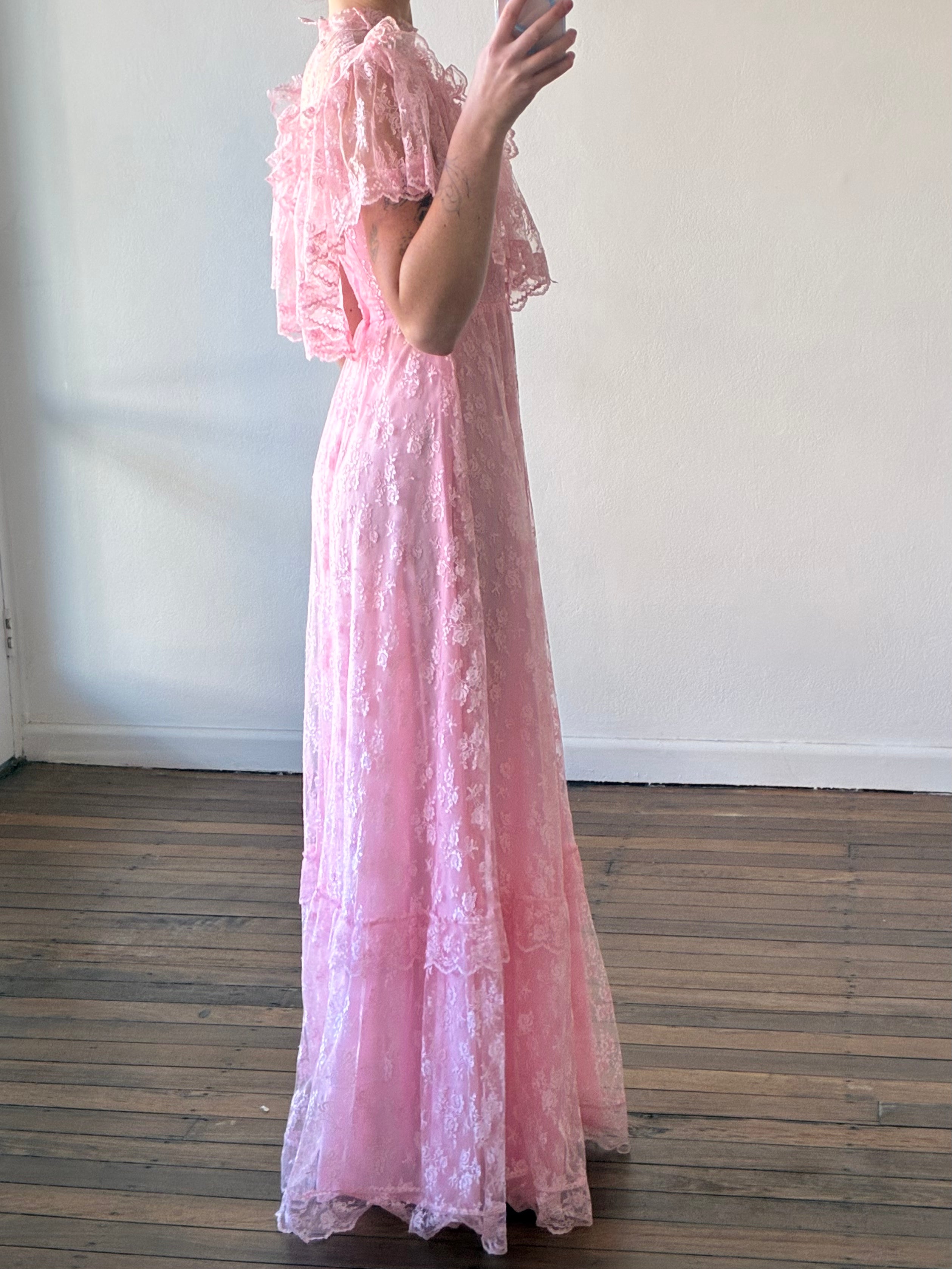 70s Pink Lace Frill Mock-neck Dress