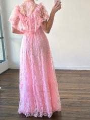 70s Pink Lace Frill Mock-neck Dress