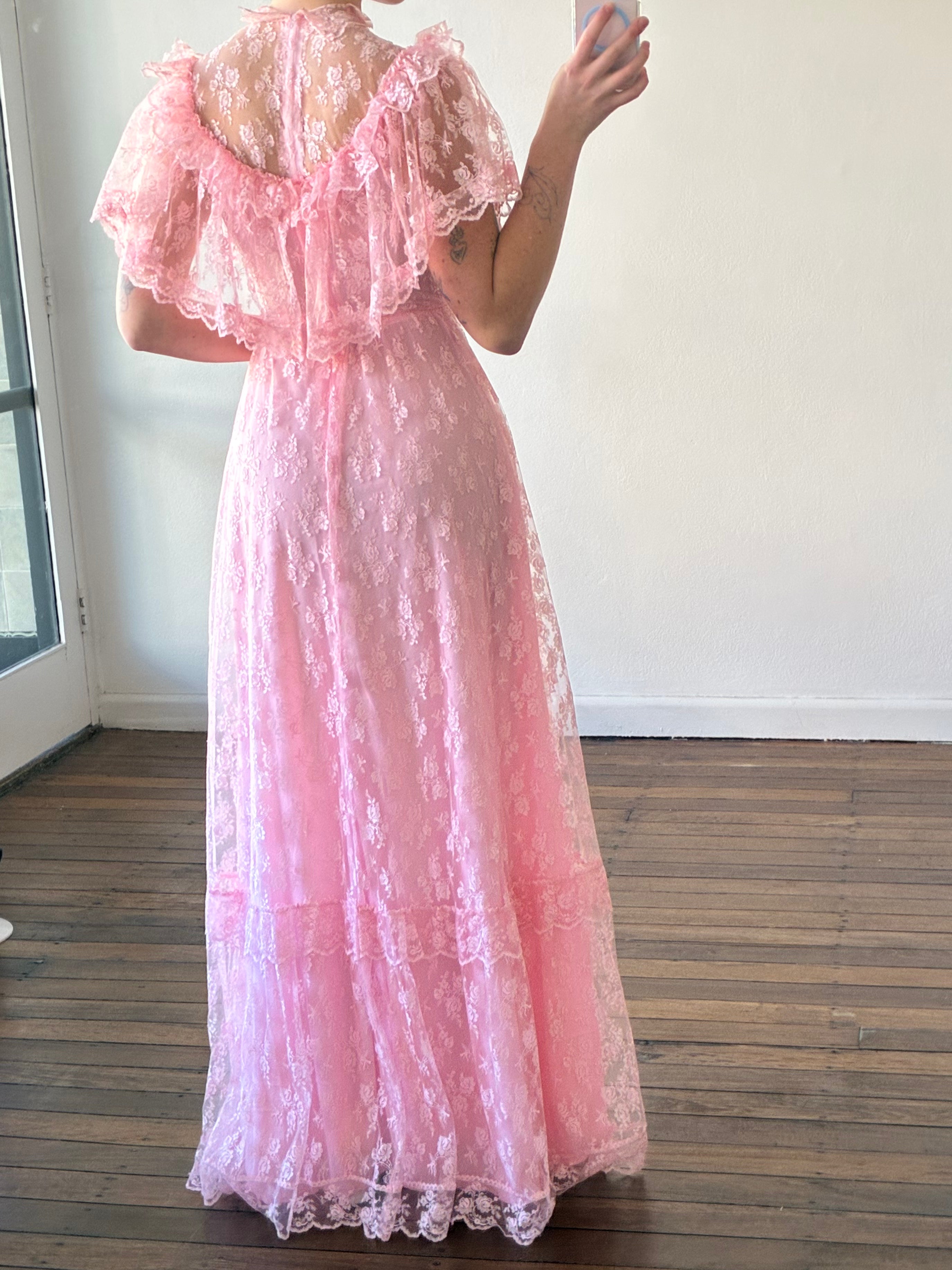 70s Pink Lace Frill Mock-neck Dress