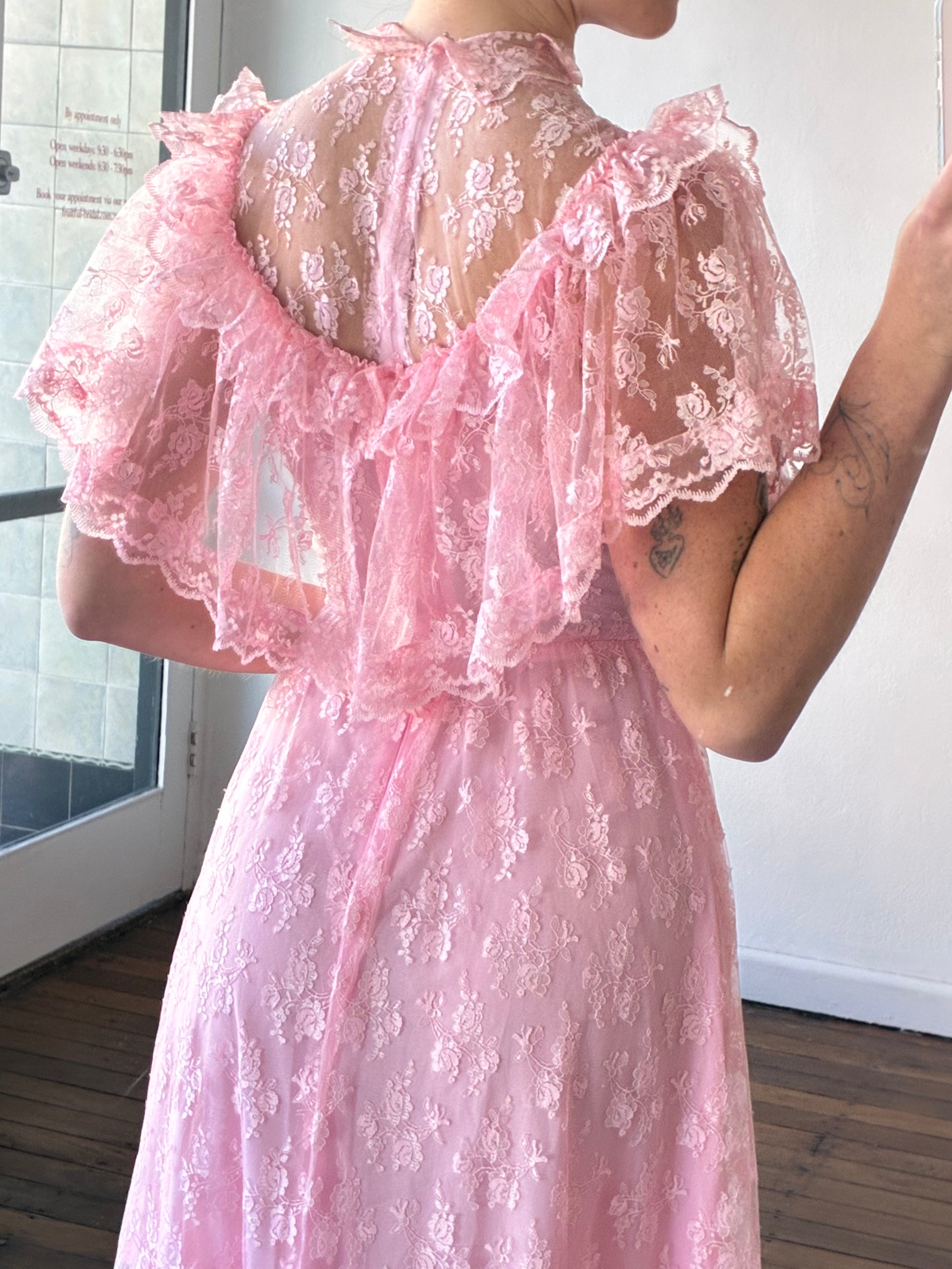 70s Pink Lace Frill Mock-neck Dress