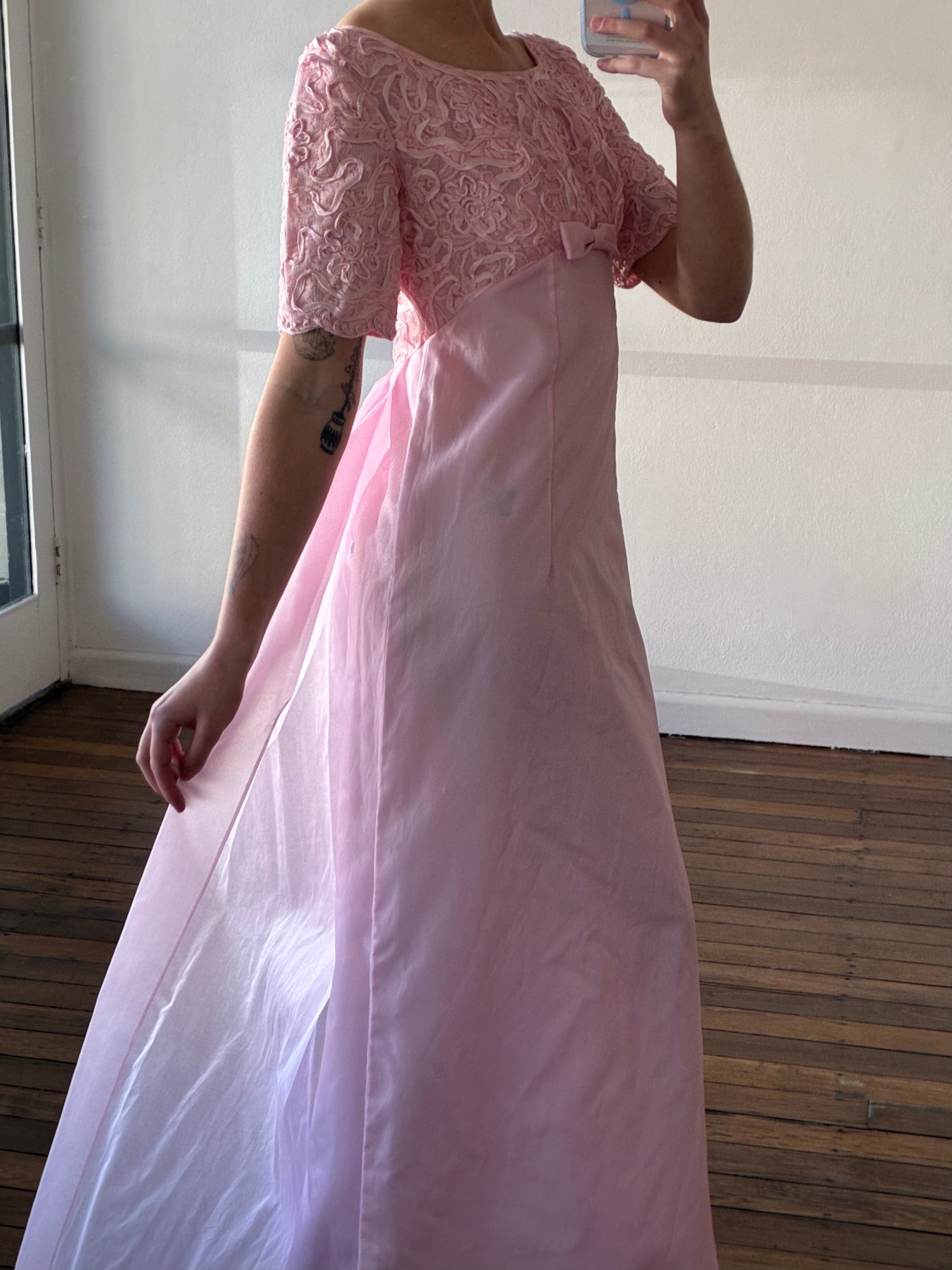 60s Pink Corded Lace Empire Cape Dress